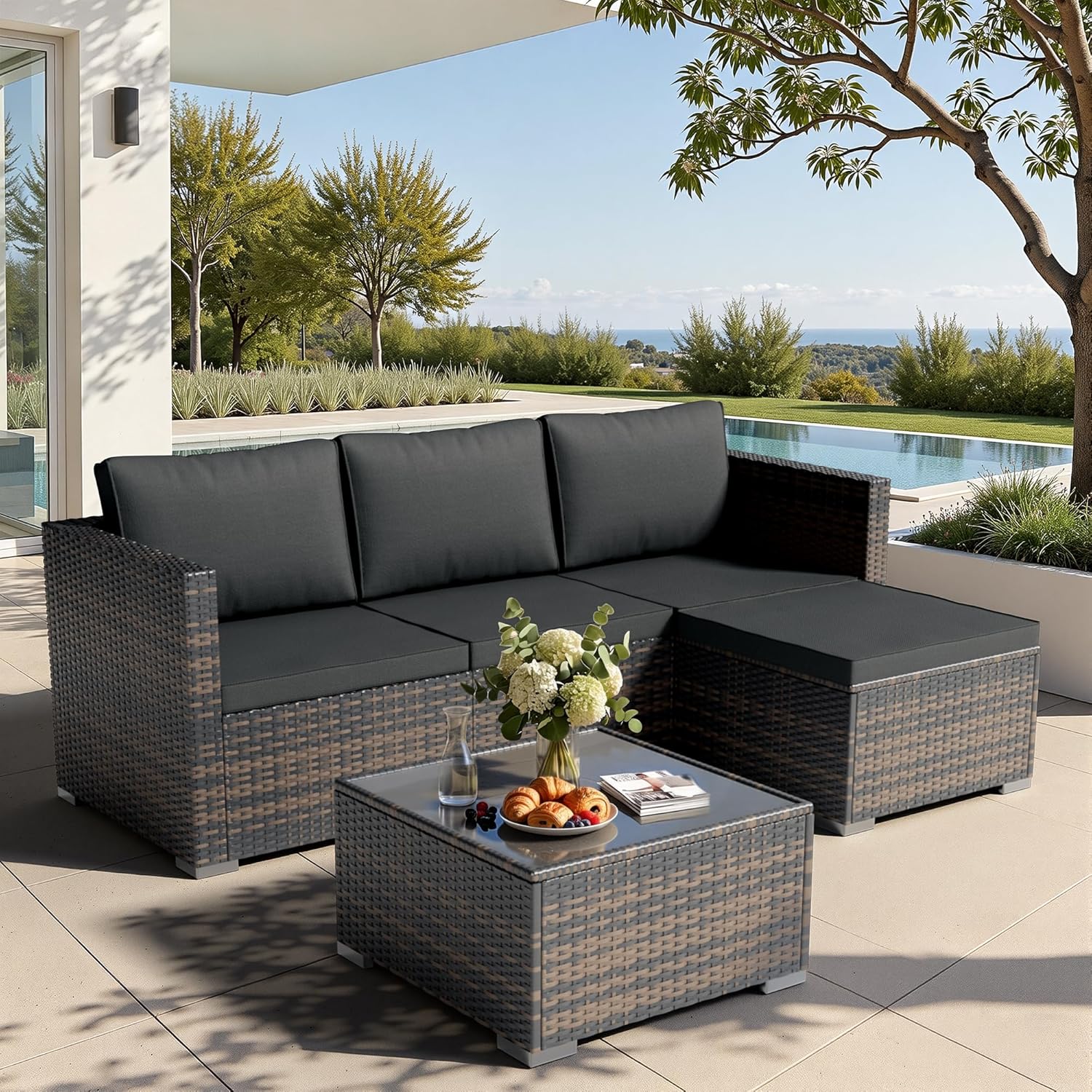 WWR Patio Furniture Set 5 Piece - Wide Armrests - All-Weather Wicker Rattan Outdoor Patio Conversation Couch Sets, Modular Sectional Sofa for Garden, Patio, Poolside, Backyard, Balcony, Porch