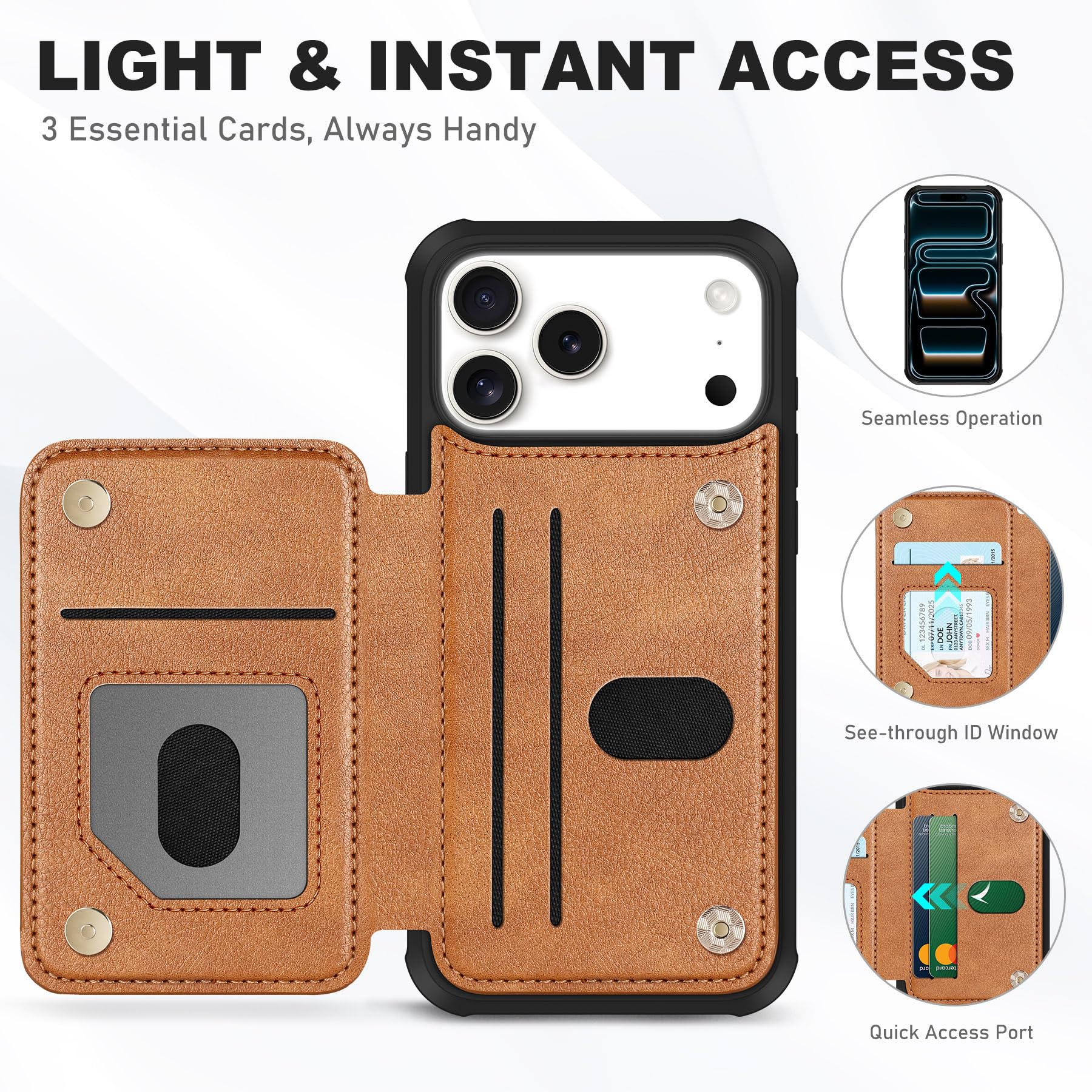 TUCCH Funda Billetera para iPhone 17 Pro MAX 6,9-Pulgadas 5G 2025 Bloqueo RFID | Cuero PU [Tarjeteros Indesmontable] 3 Ranura Tarjeta Cierre Botón Magnético Protección Flip, Marrón Claro Texturizado