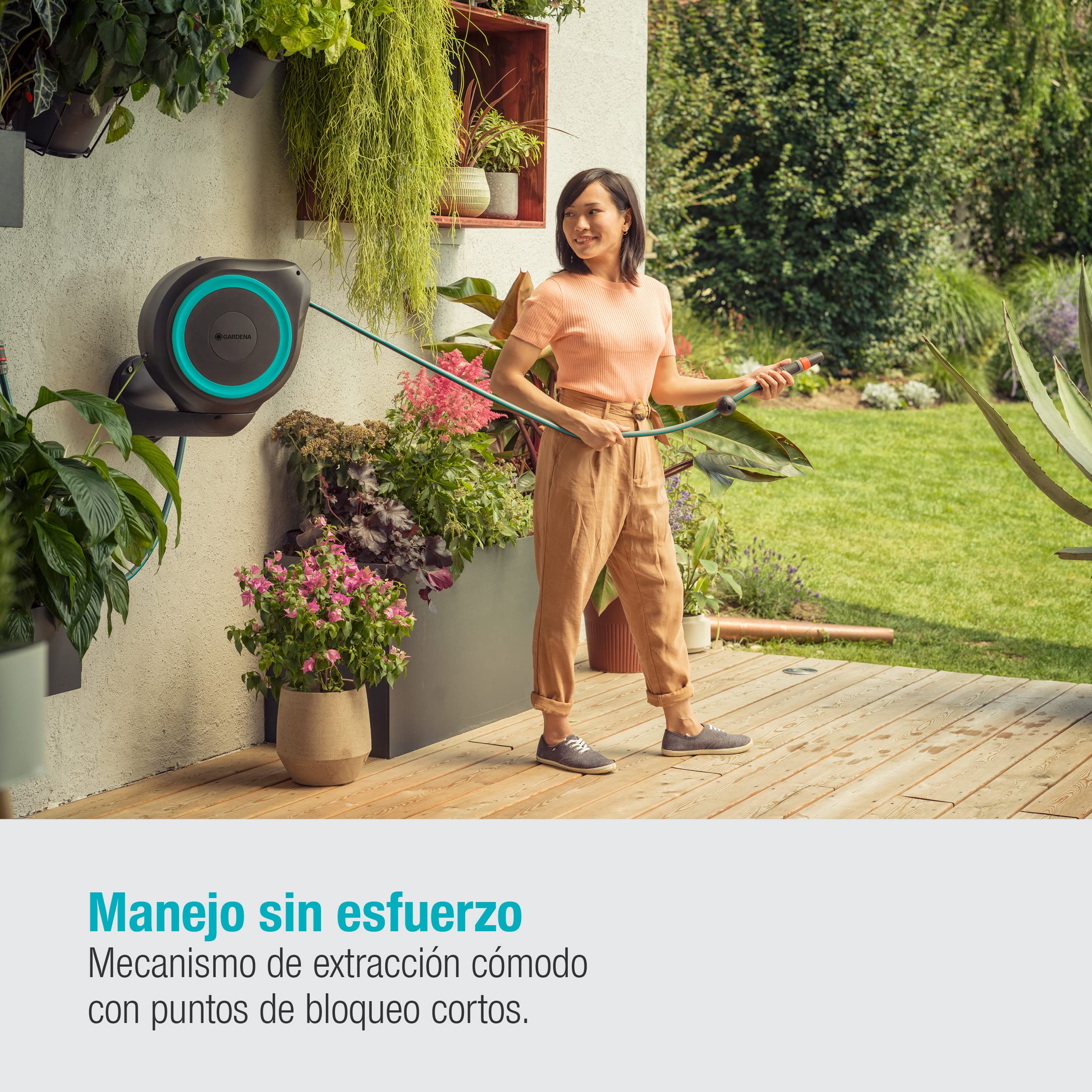 Gardena Carrete de Manguera Rollup S (Turquesa) de 15 M: Riego Flexible Jardines Pequeños, Tambor Giratorio, Soporte Pared, Piezas de Sistema y Aspersor, (18600-20)