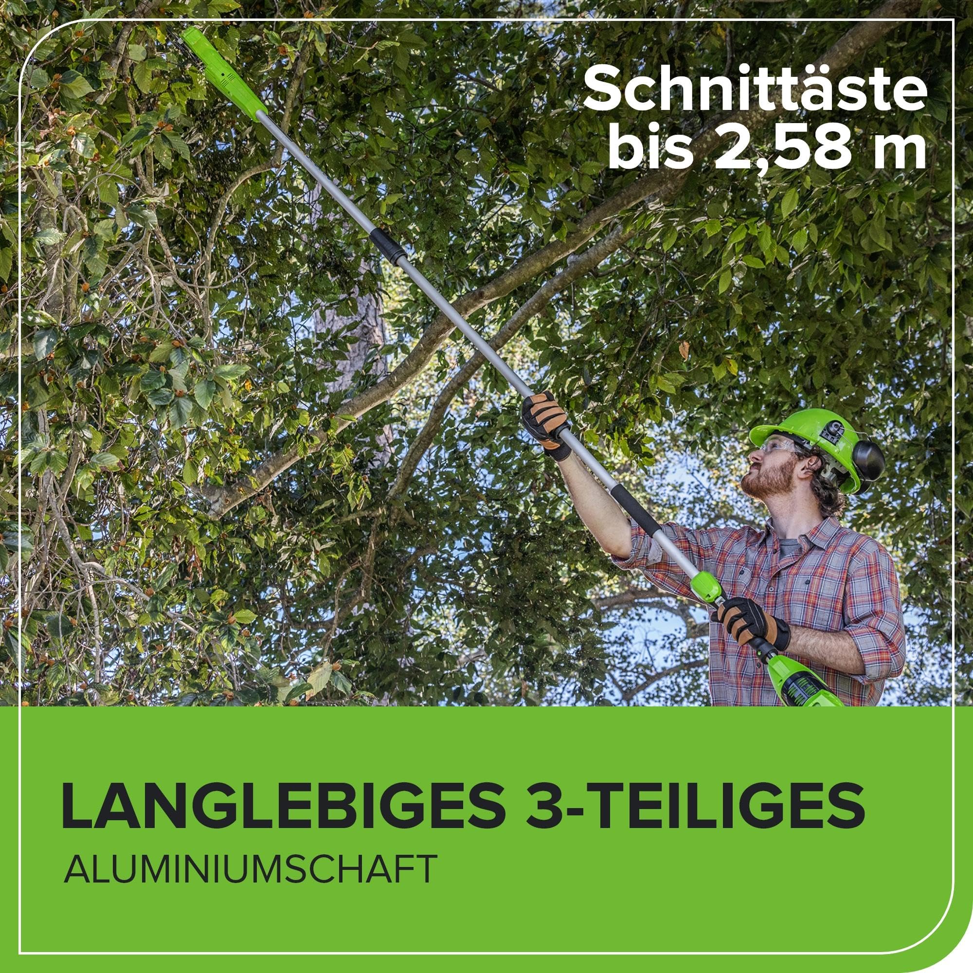 Greenworks G40PSF Akku Hochentaster, 20 cm Blattlänge, 8 m/s Kettengeschwindigkeit, 3,64 kg, automatisches Öl-System, 80 ml Öltank, 2.58m Stangenreichweite OHNE 40V Akku & Ladegerät, 3 Jahre Garantie
