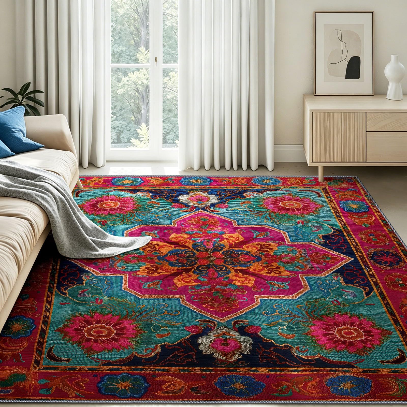 Dywan 80 x 150 cm Bardzo miękki, czeski tradycyjny można prać w pralce i antypoślizgowy, geometryczny haft kwiatowy dywan sypialnia wnętrze korytarz wejście kuchnia