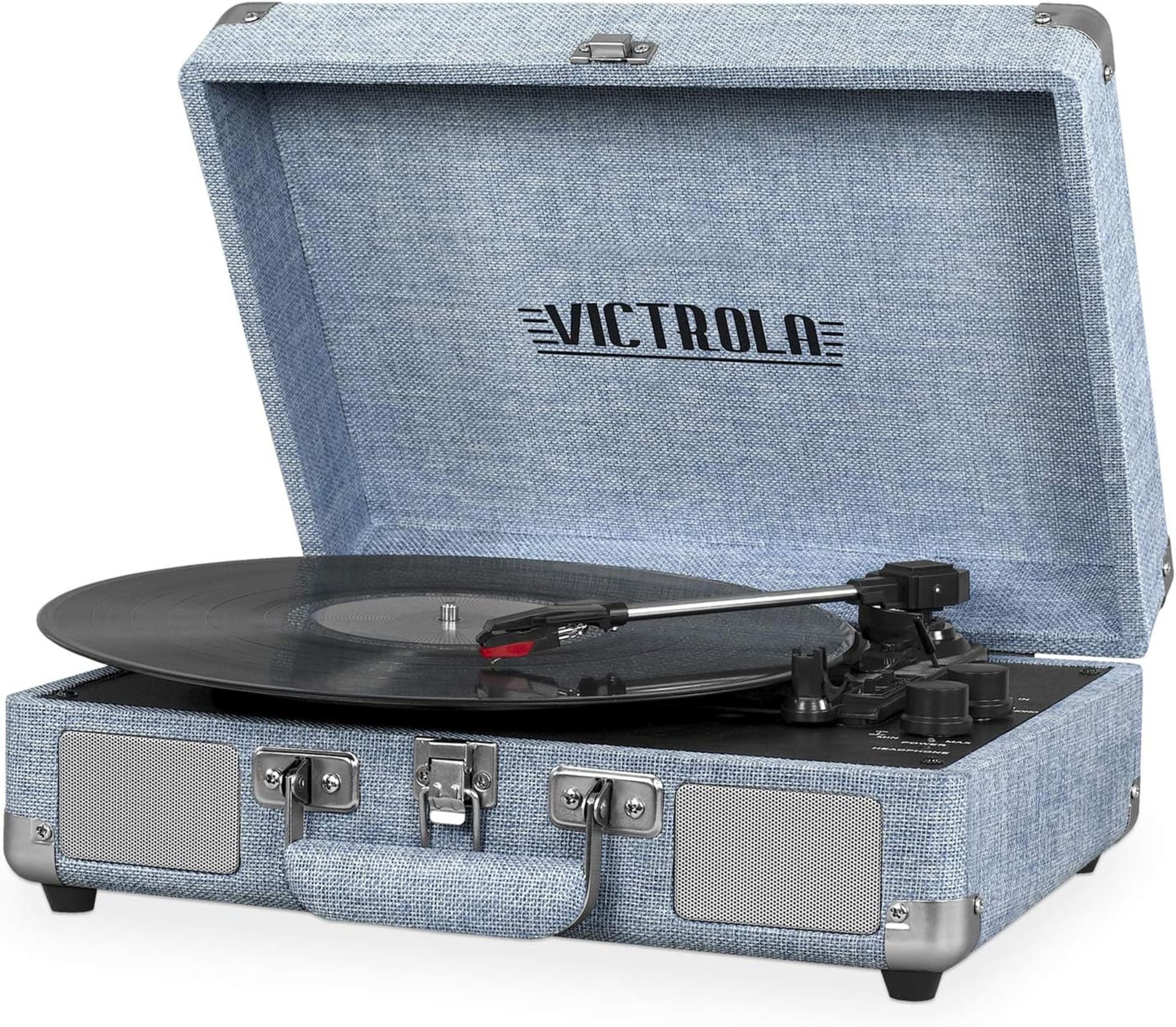 Victrola Vintage 3-Speed Bluetooth Portable Suitcase Record Player with Built-in Speakers | Upgraded Turntable Audio Sound| Includes Extra Stylus | Light Denim Blue Linen | Built-in stereo speakers, 3-speed turntable plays 7", 10" and 12" records, Bluetooth streaming, headphone jack-image-21