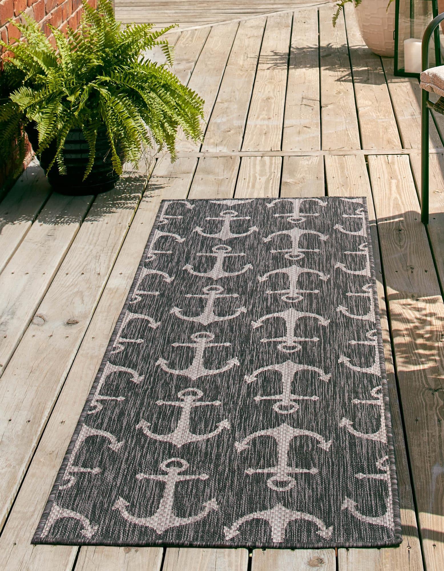 Unique Loom Outdoor Coastal Collection Area Rug - Ahoy (2'x 6' 1" Runner, Charcoal/ Ivory)