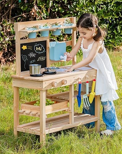 ROBOTIME Cocina de barro para niños al aire libre, cocina de madera al aire libre con accesorios, juego de cocina para niños para patio trasero,