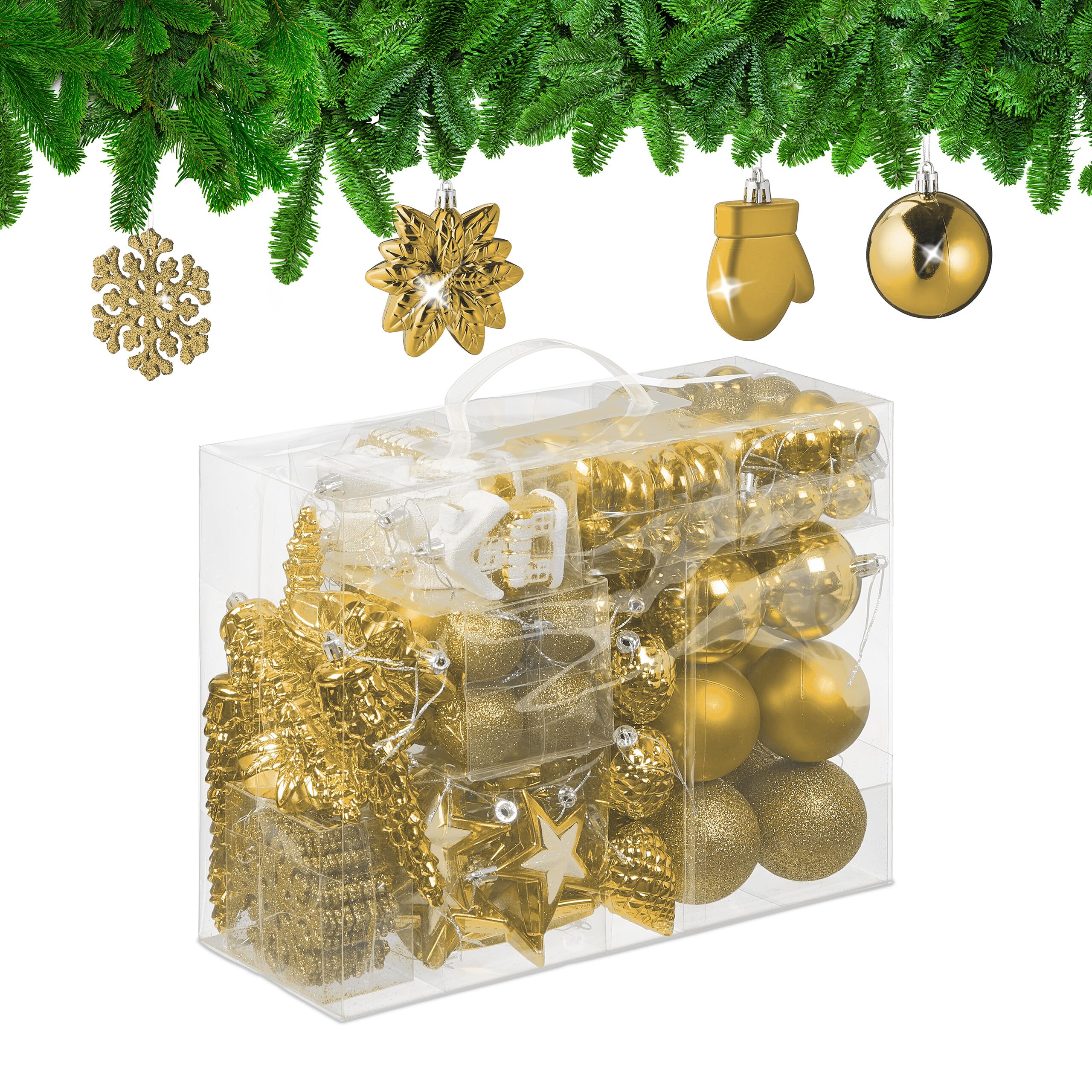 Relaxdays Palline di Natale, Set 100 Addobbi Natalizi, Palle Opache, Lucide, Glitter, 10 Design Diversi, Plastica, Oro
