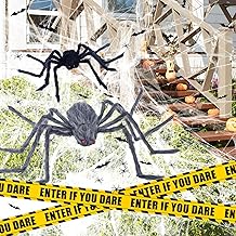 Large Halloween Decorations Outdoor Garden Indoor with 2 Giant Spider 50"/30", Spider Web, 20 Small Fake Spiders and Cobweb, Bats, Caution Tape Scary Halloween Party Decorations Home Decor Props