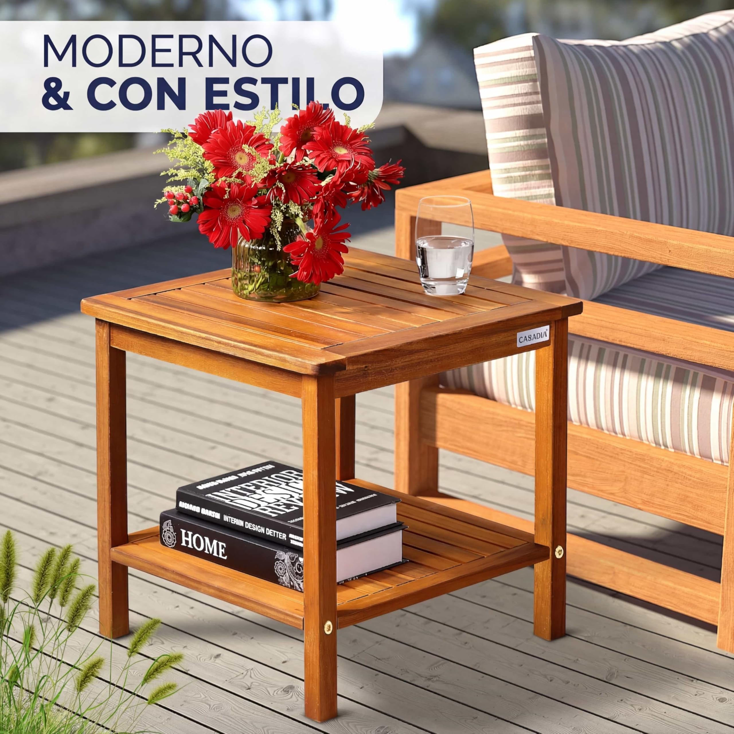 Casaria® Mesa Auxiliar Madera Acacia 2 Estantes Mesita Jardín 45x45x45cm Resistente Intemperie Capacidad Carga hasta 80 Kg Mueble Exterior Interior Terraza Balcón