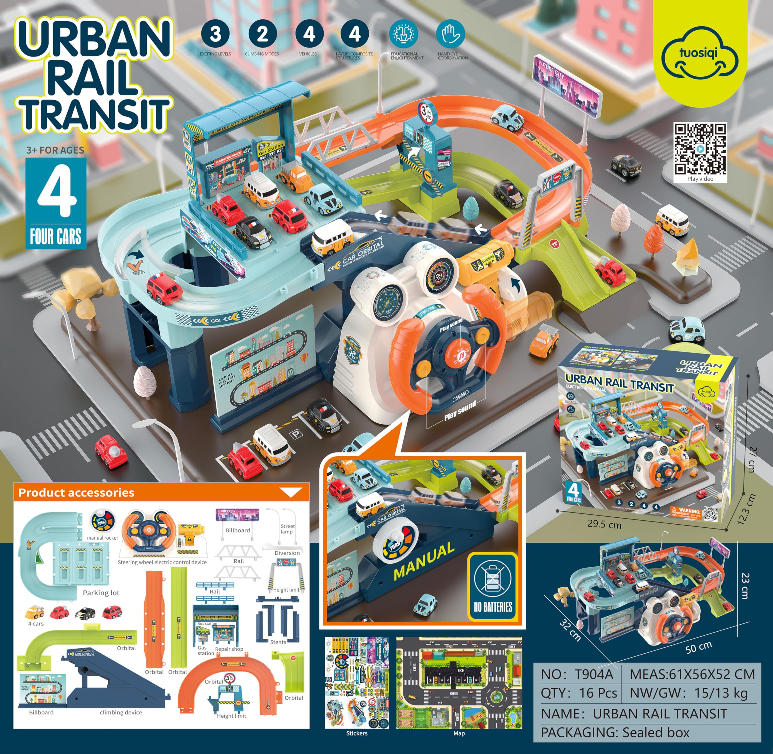 iZEL Kids Self Installed Track Parking Lot Set, 3 Levels, 2 Climbing Modes, 4 Vehicles, 4 Layer Structure, 50x32x23 cm