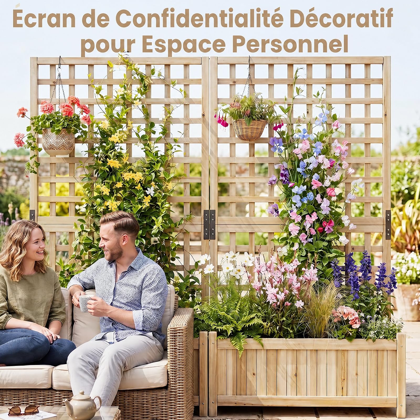 GOPLUS Jardinière avec Treillis en Bois, Jardinière Brise Vue sur Pieds, 76x32x143CM, avec Fond Amovible, 3 Trous de Drainage, Bac avec Treillis à Fleur, Plante Grimpant, pour Balcon, Jardin (Naturel)