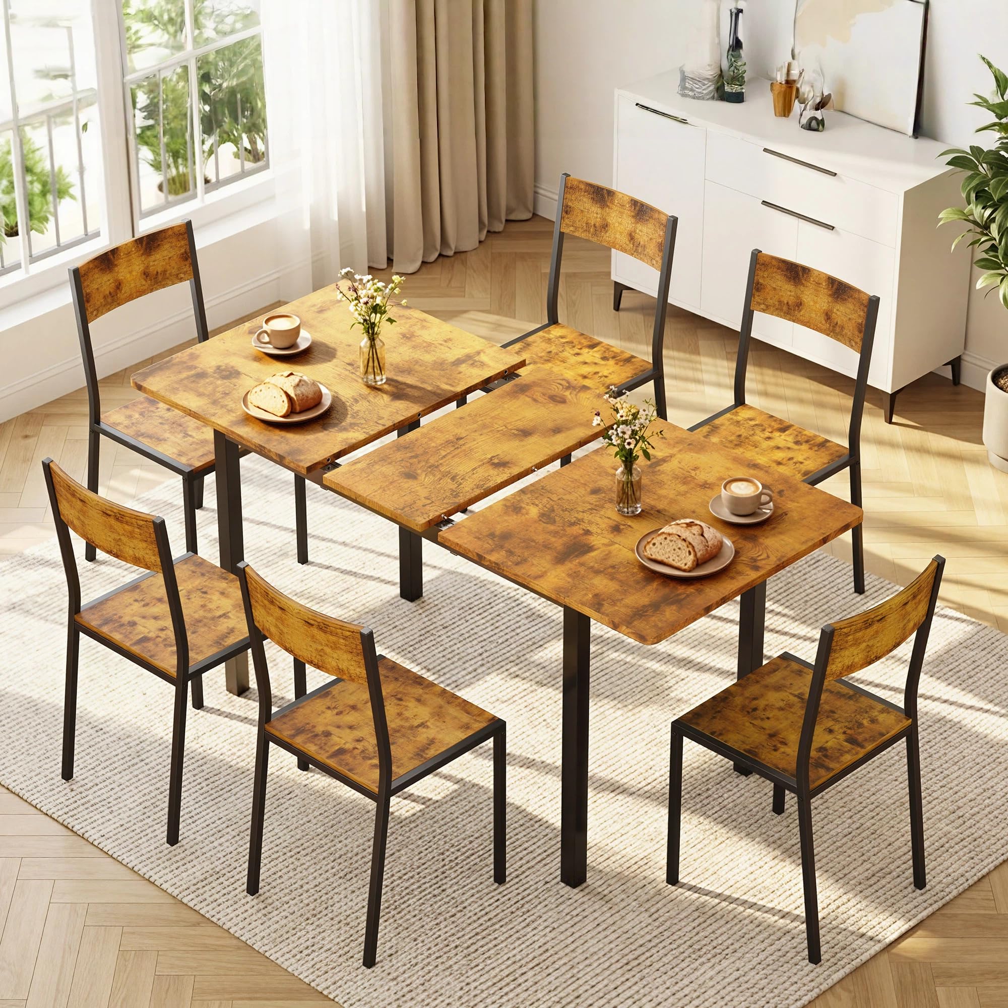 Xbro Ensemble Table à Manger 6 Personnes Extensible avec 6 Chaises, Gain de Place, Structure Métal Stable, Montage Facile, Cuisine Salle à Manger 110–140 cm