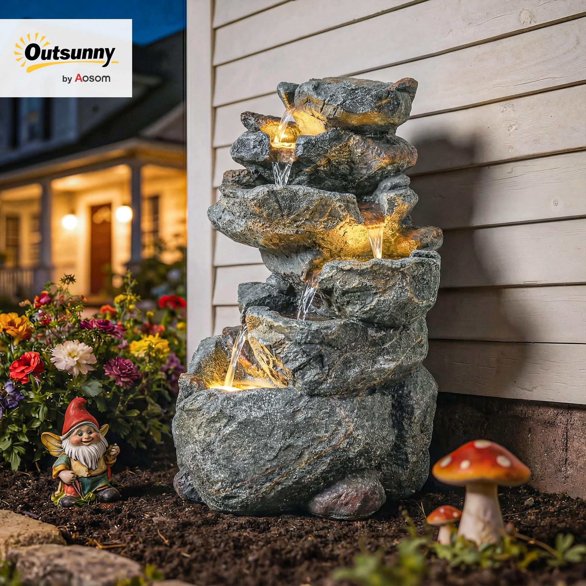 Outsunny Fontaine de Jardin Cascade 6 Niveaux - Décoration de Jardin Zen Résine Pierre Naturelle - 53cm Cascade d'eau Lumineuse LED pour Terrasse, Balcon et Extérieur, Gris