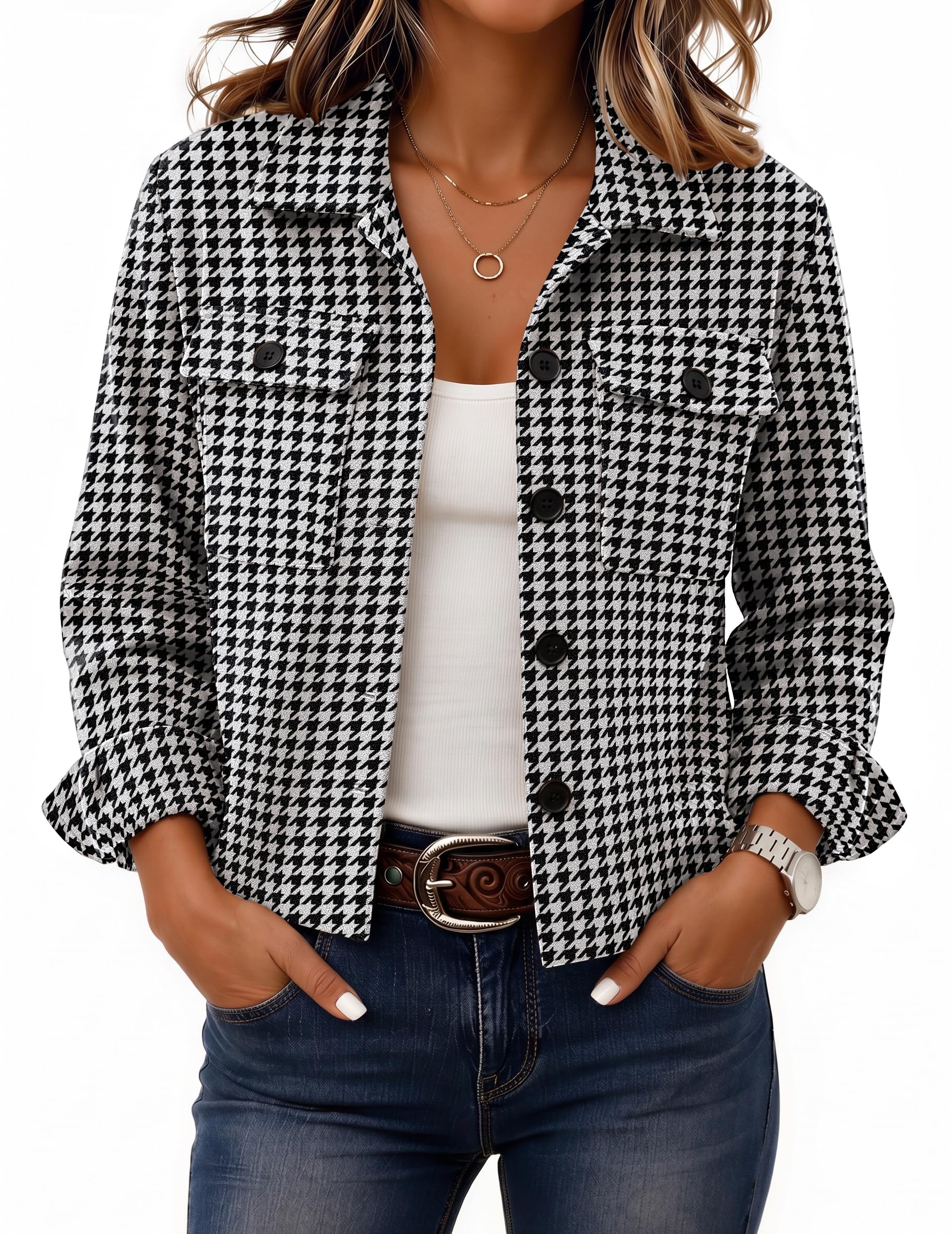 Zeagoo Flannels for Women Cropped Shacket Jacket Fashion Plaid Fall Coat