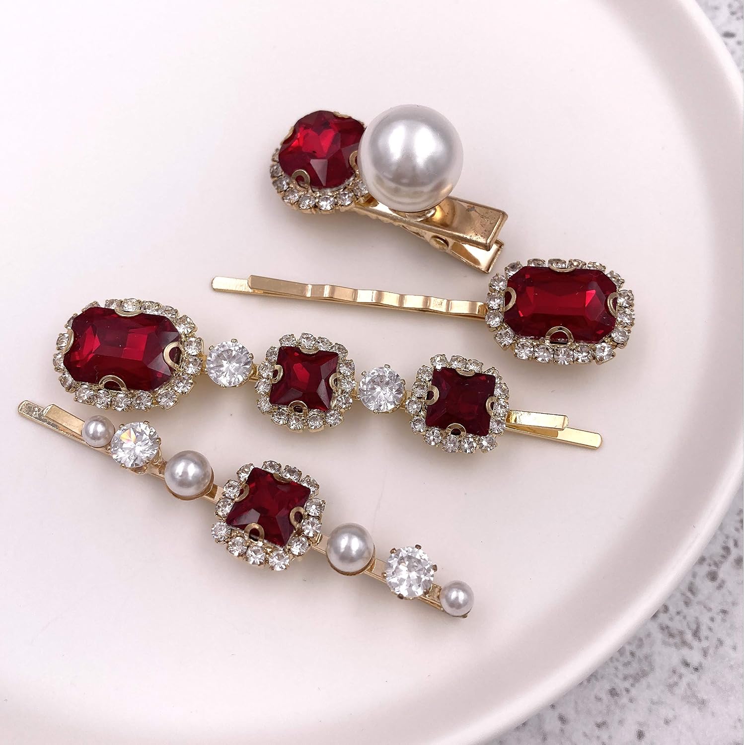 4PCS Vintage Ruby Red Crystal Pearl Gold Bobby Pins Decorative Hair Slides Clips Accessories Women image 5