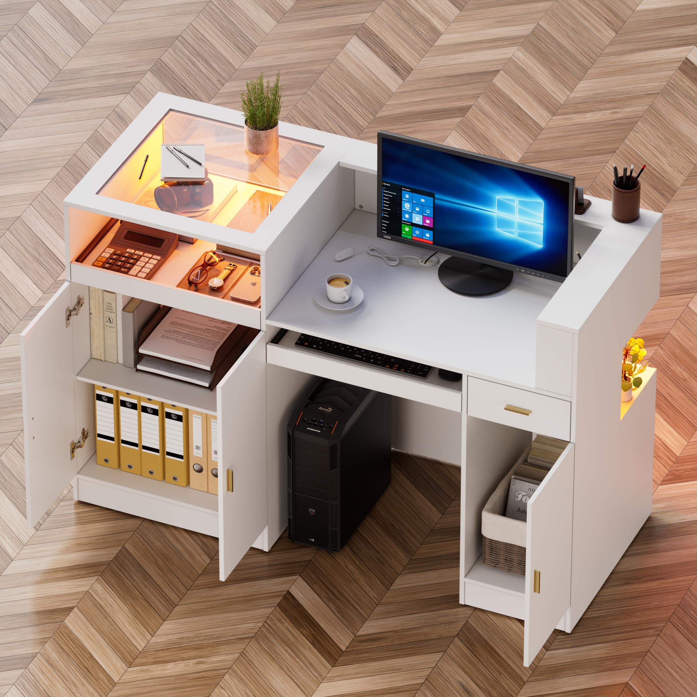 PAKASEPT 59" Large Reception Desk with LED Lights, Modern Reception Table with Light & Glass Display Shelf, Wooden Checkout Counter for Lobbies, Salons, Retail, Home Offices