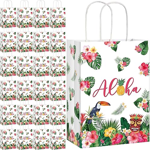 Pajean Paquete de 32 bolsas de regalo hawaianas Luau Party Summer Tropical Palm Leaf Bolsa de papel con asa para dulces Verano Tropical Aloha