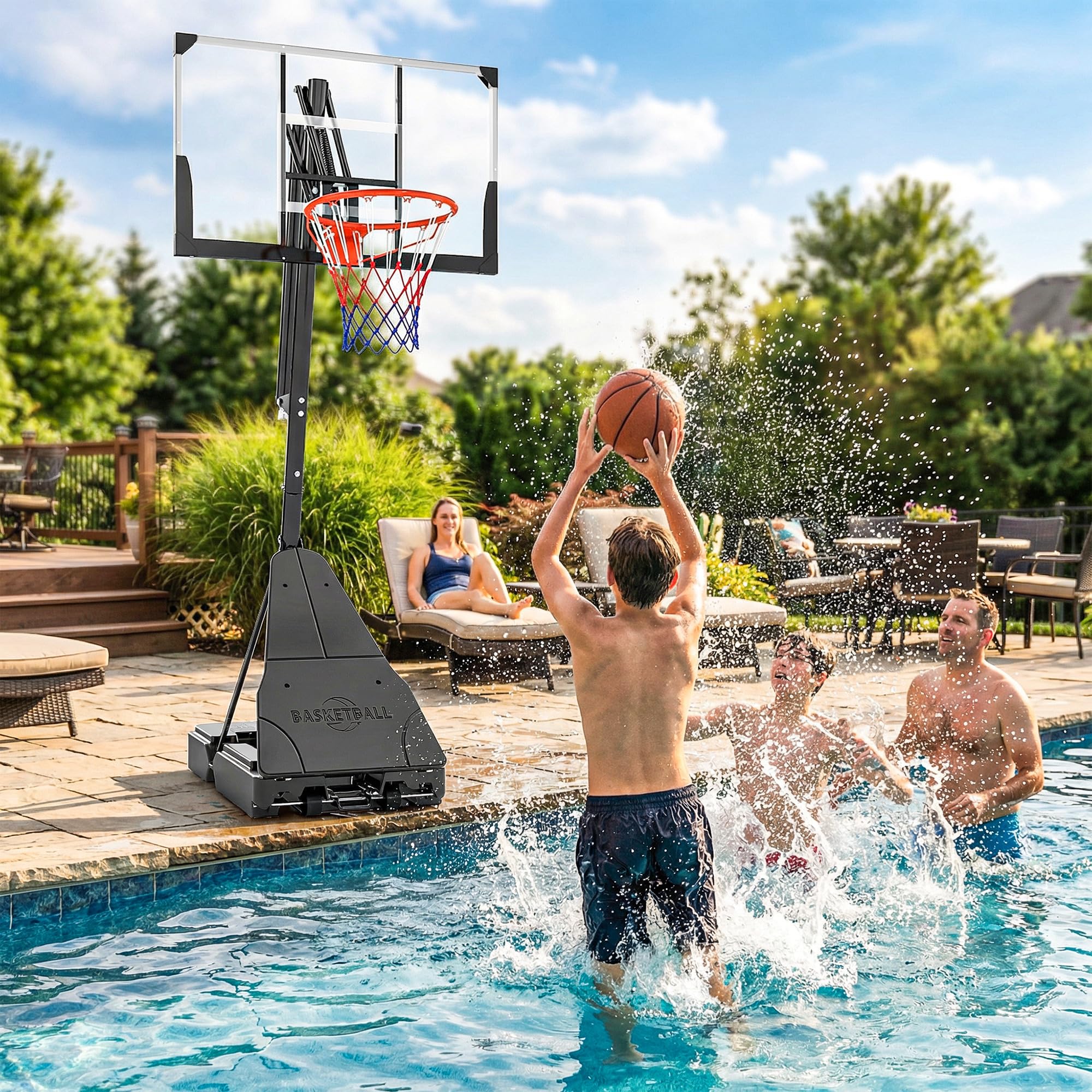 SPORTNOW Canestro Basket Regolabile per Adulti Altezza 2.45-3.05 m, Supporto da Basket Portatile con Ruote, Base Riempibile, Sistema Ritorno, Tabellone Antishock, Uso Interno ed Esterno, Nero