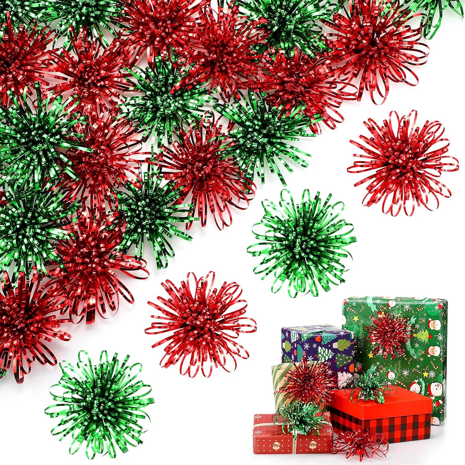 Yunlly 40 Pcs 4 Inch Valentine's Day Self Adhesive Gift Bows, Multicolor Present Bows for Gift Wrapping, Holiday and Party Decorations(Red Green)