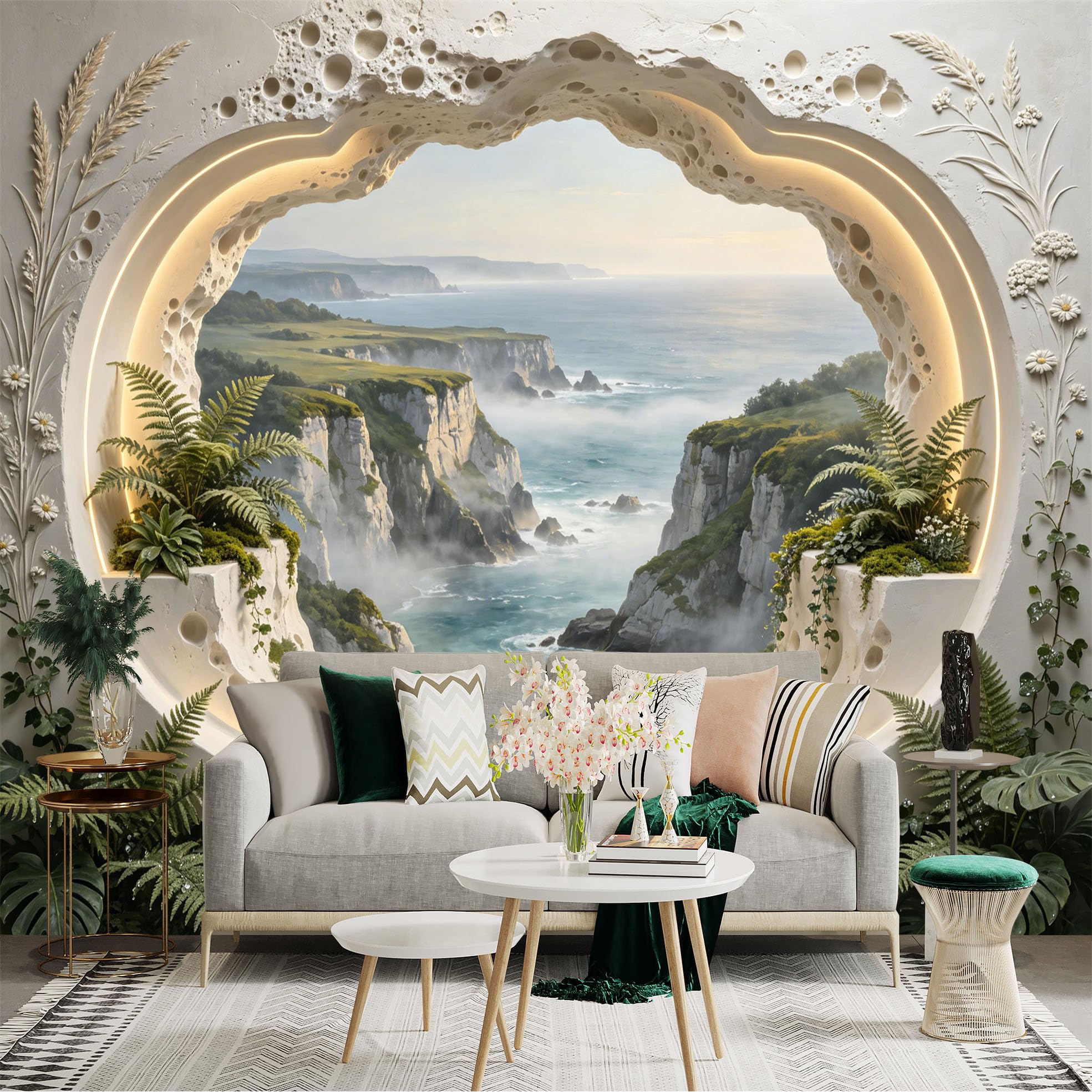 Custom Size Wall Sticker Mural， Coastal Cliff and Ocean View with Ferns and Flowers， for wall Decoration， peelandstick wall Decals.