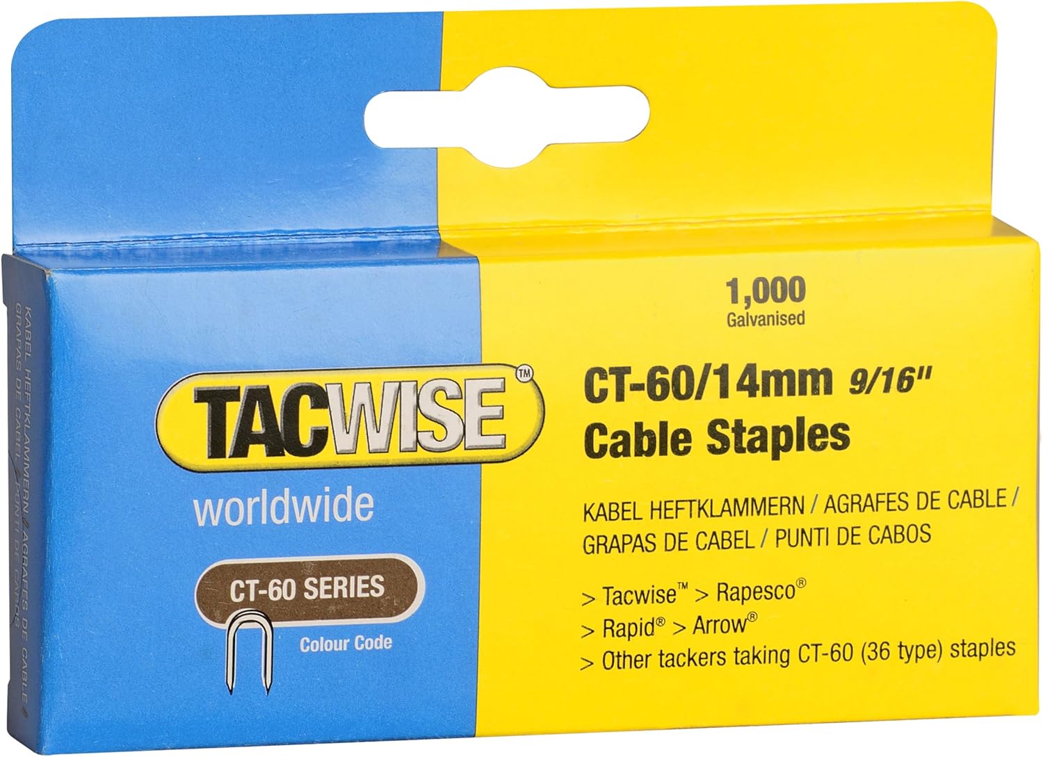 Tacwise CT60 9/16Inch Galvanized Cable Staples, Box of 1,000 Staples (1201