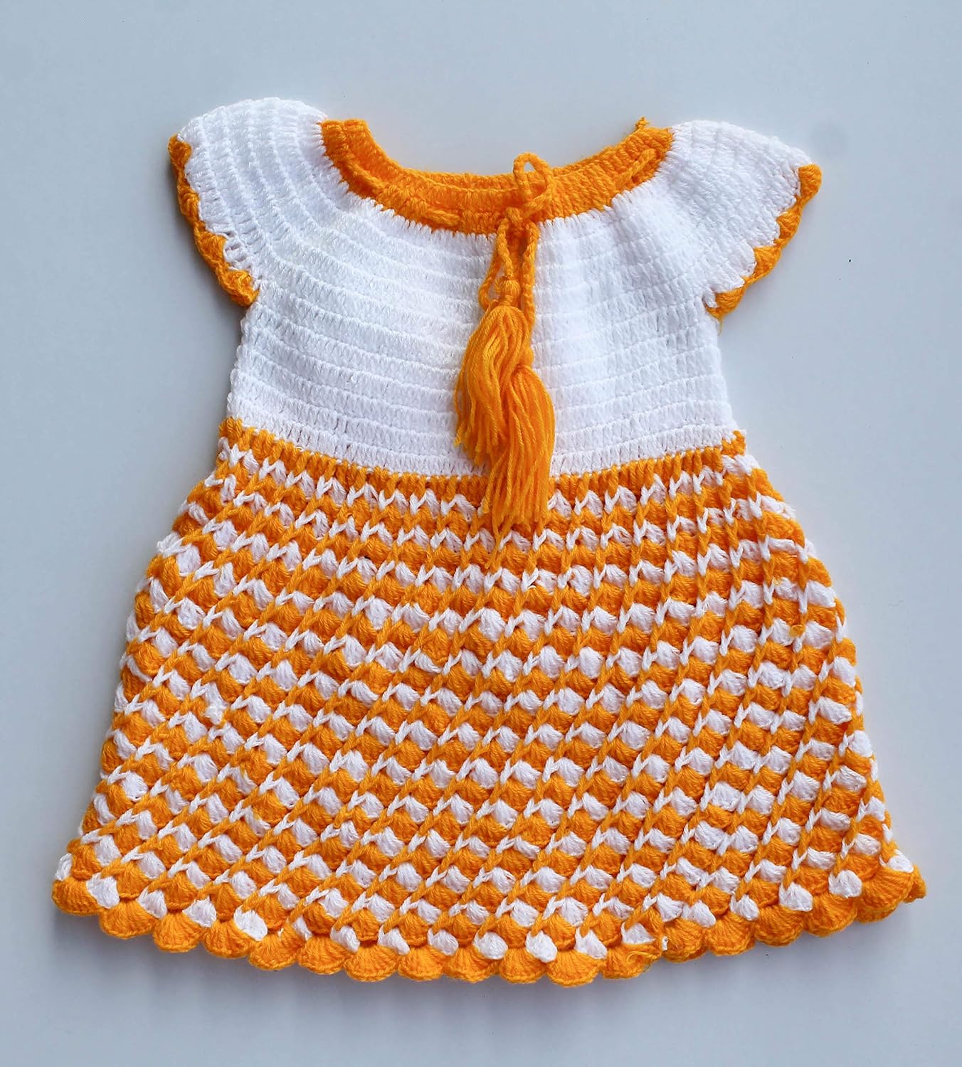 Woonie Handmade Crochet Yellow and White Floral Frock for Girls (18-24 Months)