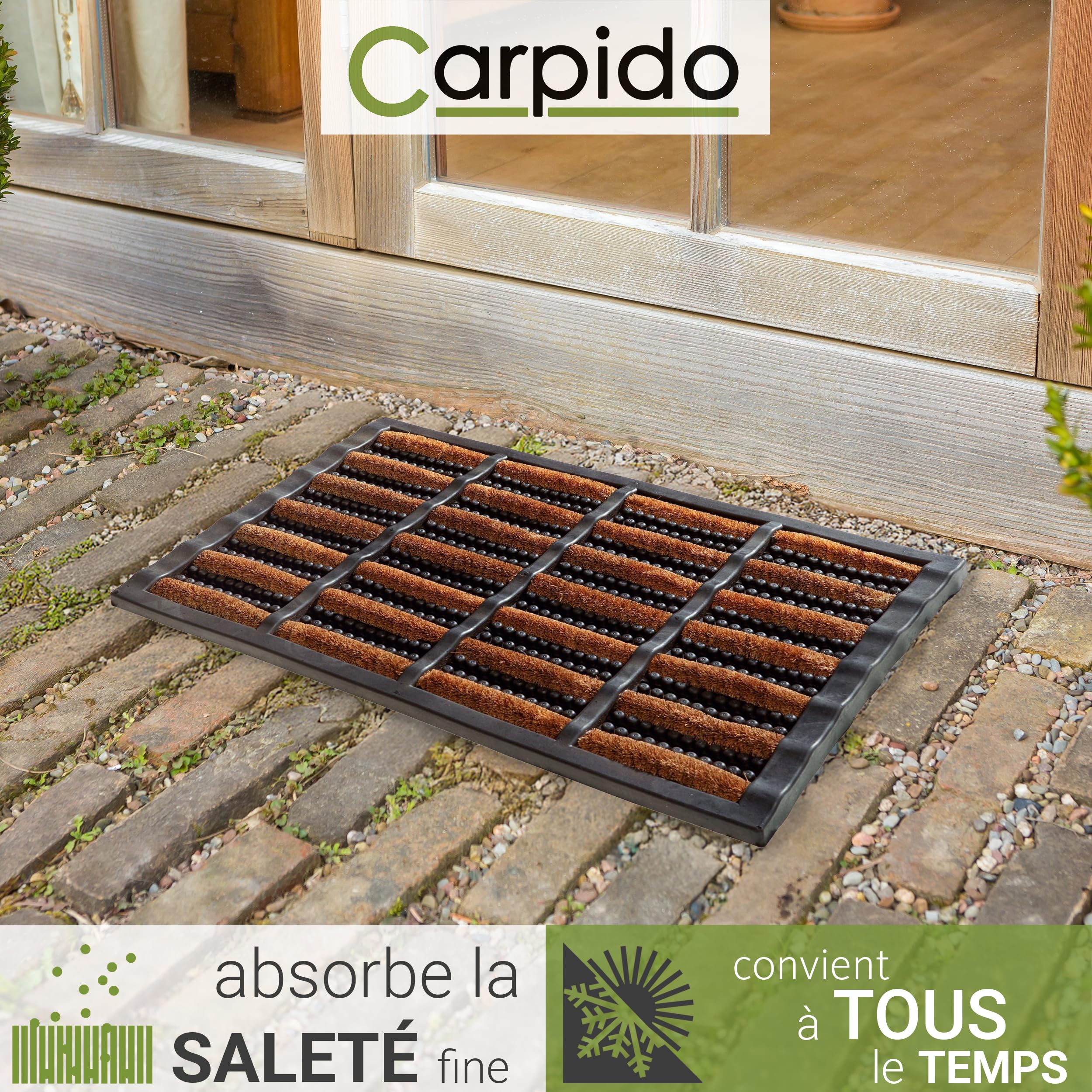 Carpido Paillasson antidérapant - Tapis de Porte en Caoutchouc & Coco - Lignes 40x60 cm Lot de 2 - Résistant aux intempéries et Robuste