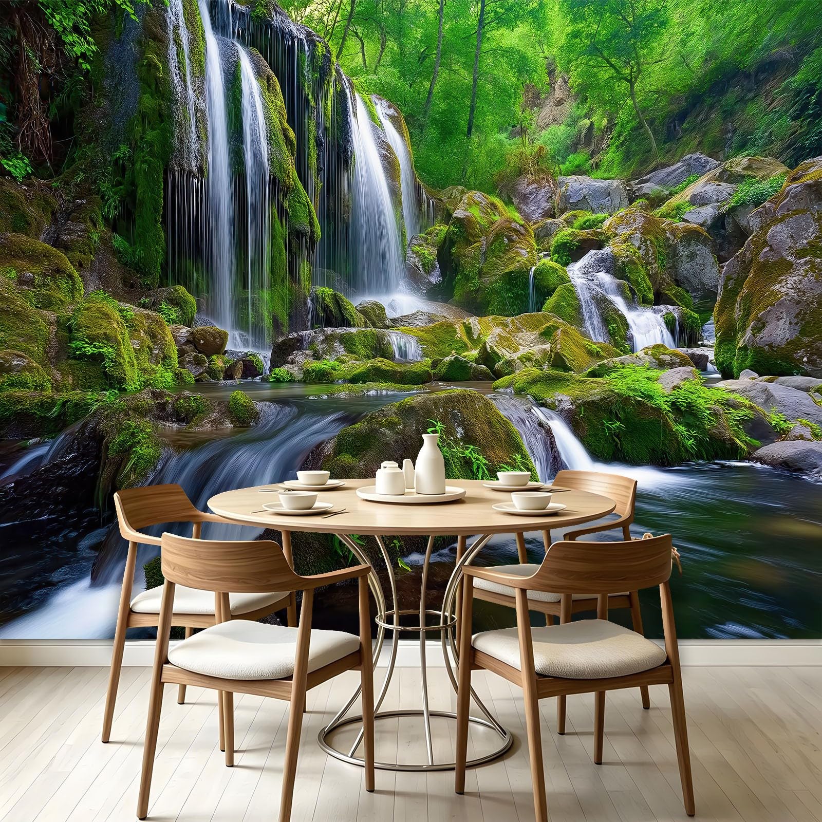 Fotografia natura wzór 200 x 140 cm tapeta fototapeta tapeta flizelinowa tapeta tatuaż ścienny, omszona dżungla wzór wodospadu - do salonu, sypialni, łazienki i kuchni