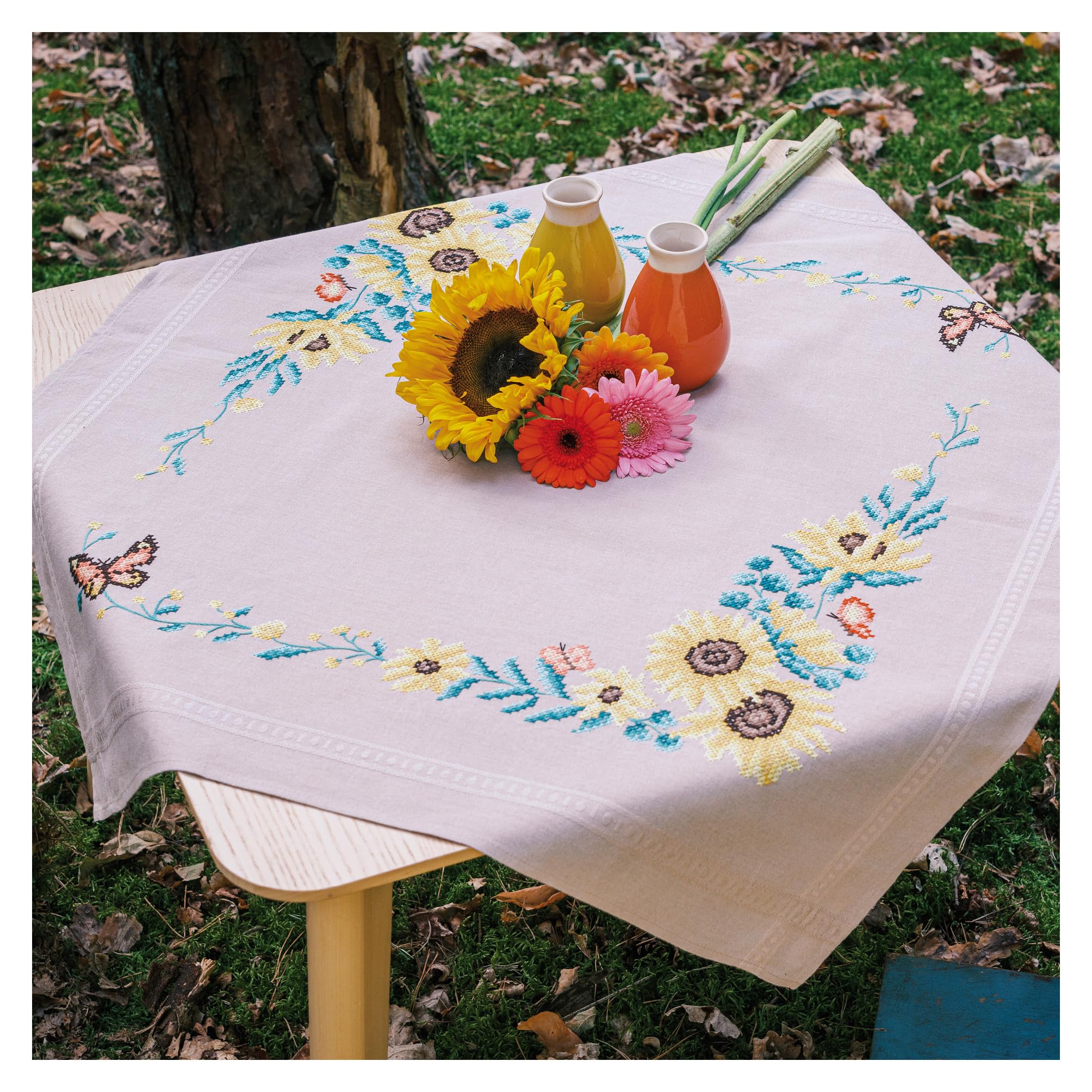 Vervaco Mantel Para Bordar Punto De Cruz Completo Bordado Tela Impresa GIRASOLES Decoracion Para Manualidades DIY Adultos Set Ocio Creativo Regalo 80 x 80 cm Cross Stitch Embroidery