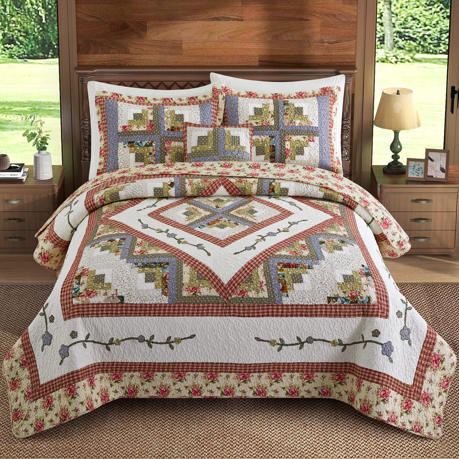 NIUDÉCOR HOME Patchwork King Quilt Sets, Reversible Vintage Plaid Floral Quilt Cover Cotton Bedspread Soft Coverlet Bedding Sets - 3 Pieces...