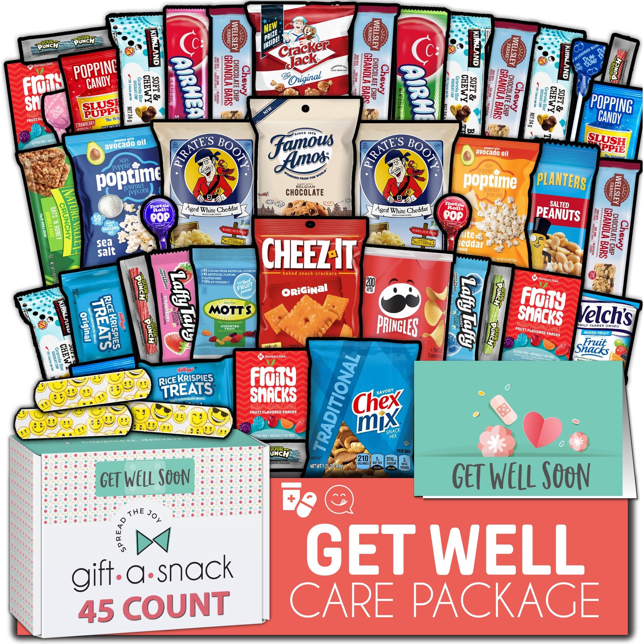 Gift A Snack - Get Well Soon Snack Box Variety Pack Care Package + Greeting Card (45 Count) Feel Better Sweet Treats Gift Basket, Candies Chips Crackers Bars - Office Food Assortments