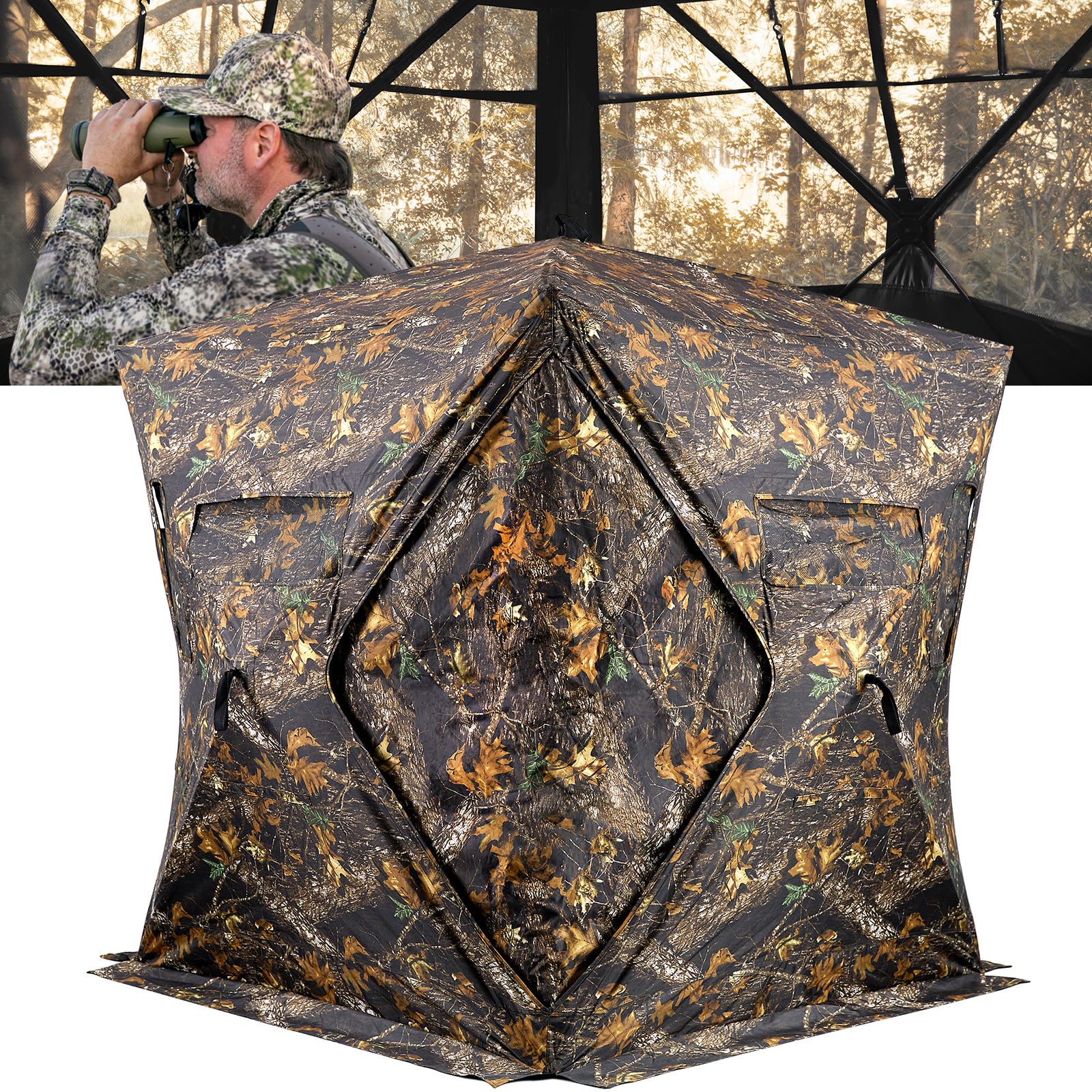 GearOZ Hunting Blind, See Through Ground Blinds for Deer Hunting 3-4 Person Pop Up Tent Turkey Blind for Bow Hunting 360°, Portable Durable Deer Blind for Hog Turkey Duck Hunting