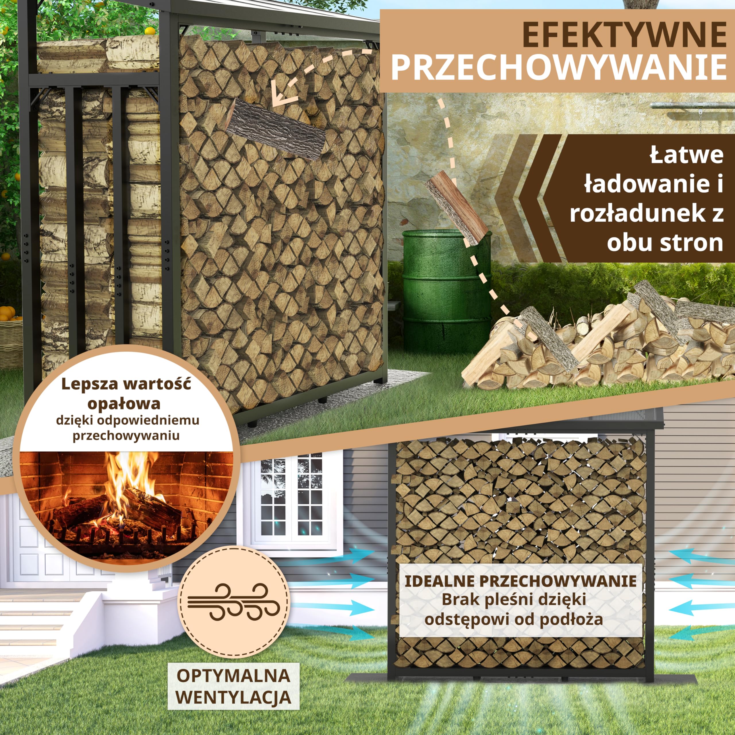 Regał na drewno opałowe zewnętrzny z dachem, ocynkowany, 188 x 70 x 188 cm 45 kg, stojak do układania w stos, nośność 3 t regał na drewno kominkowe metal z pokrywą czarny