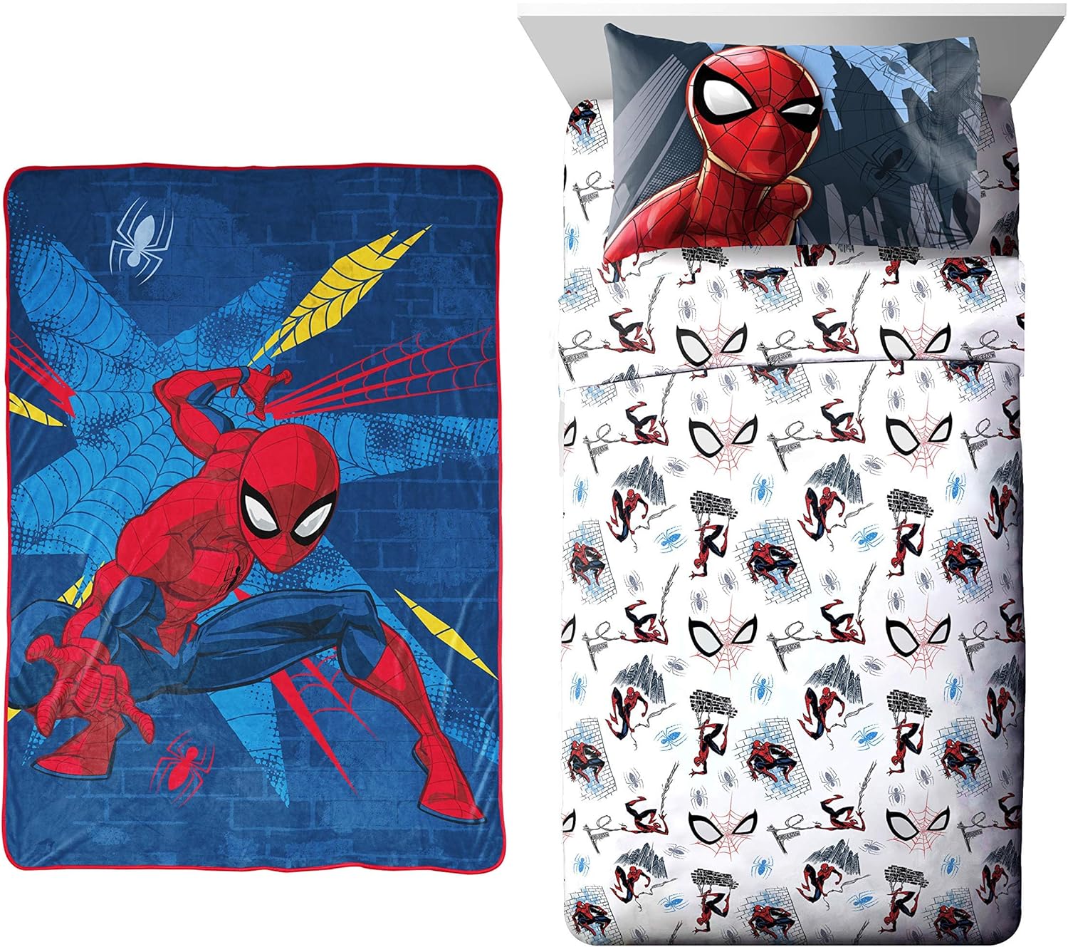 Jay Franco Marvel Spiderman Off The Wall Throw Blanket 4-Piece Bundle-Includes Throw Blanket, Twin Sheet Set