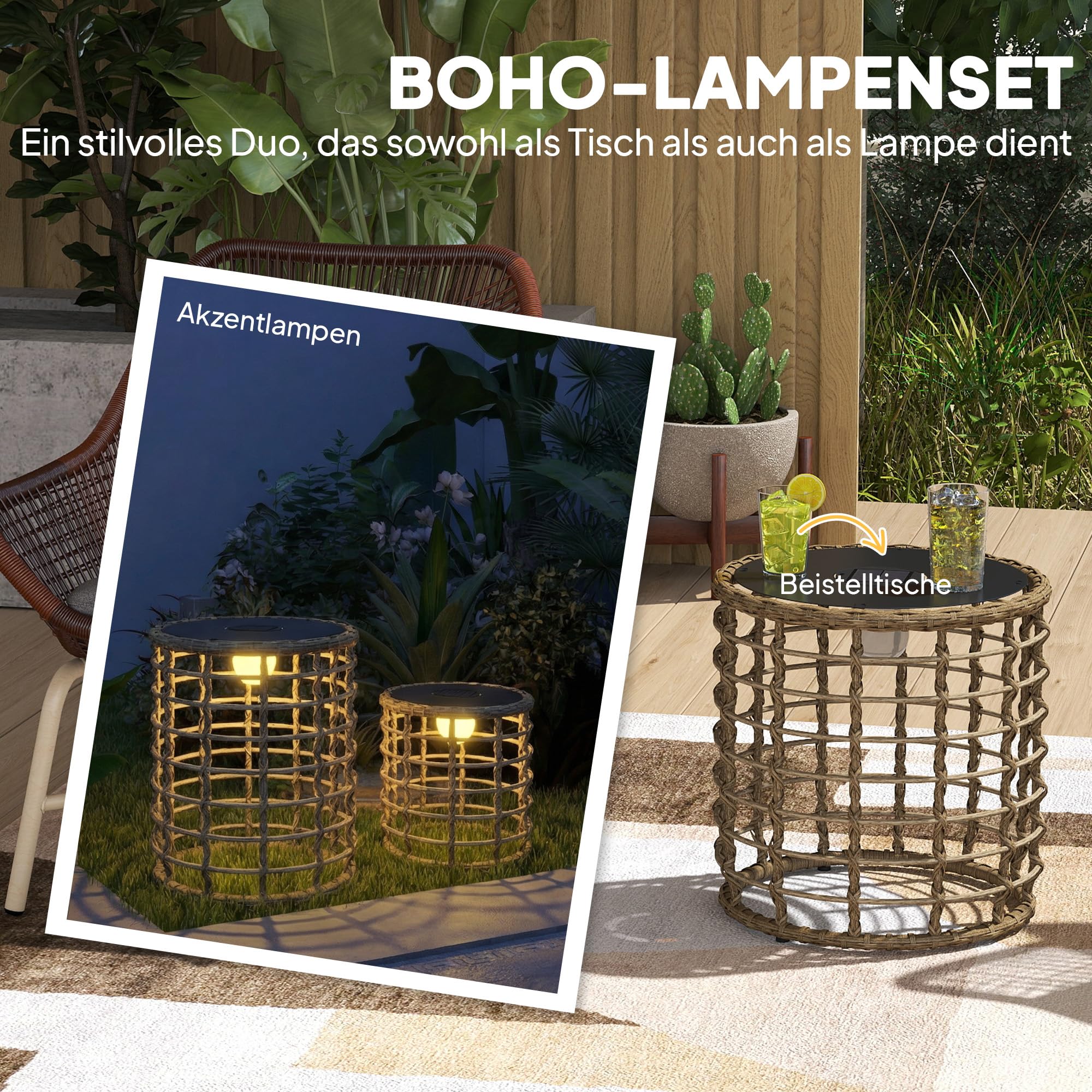 Outsunny Zestaw 2 Solarnych Lampionów Rattanowych z Czujnikiem Światła LED Lampy Solarne w Stylu Boho IP44 Wodoodporne Lampy na Taras Ogród Balkon