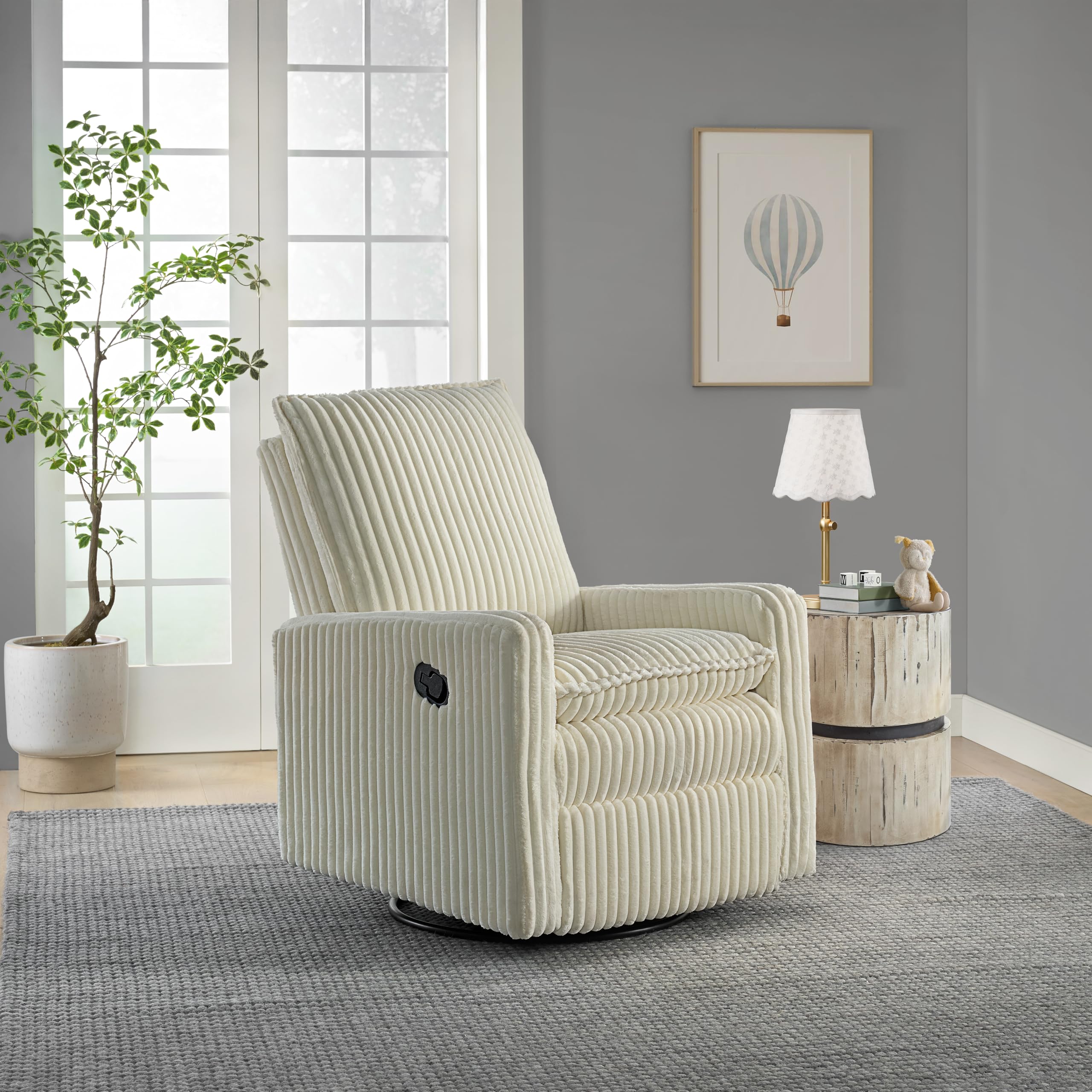 Oxford Baby Uptown Upholstered Swivel Glider and Recliner Nursery Chair - Corduroy, Pearl White
