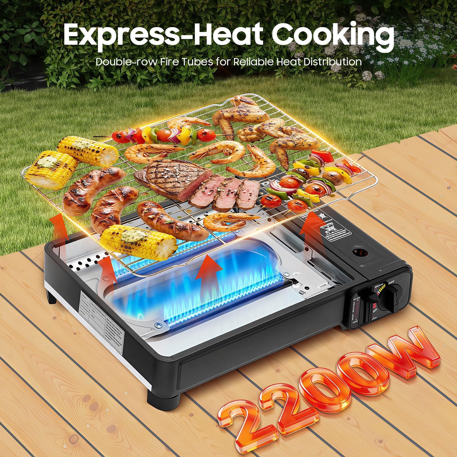 Barbecue a gas da campeggio da 2,2 kW, con valigetta e accessori | calore da 2,2 kW, fiamma regolabile e valigetta per facilitare la grigliata in campeggio, picnic, balcone e gite