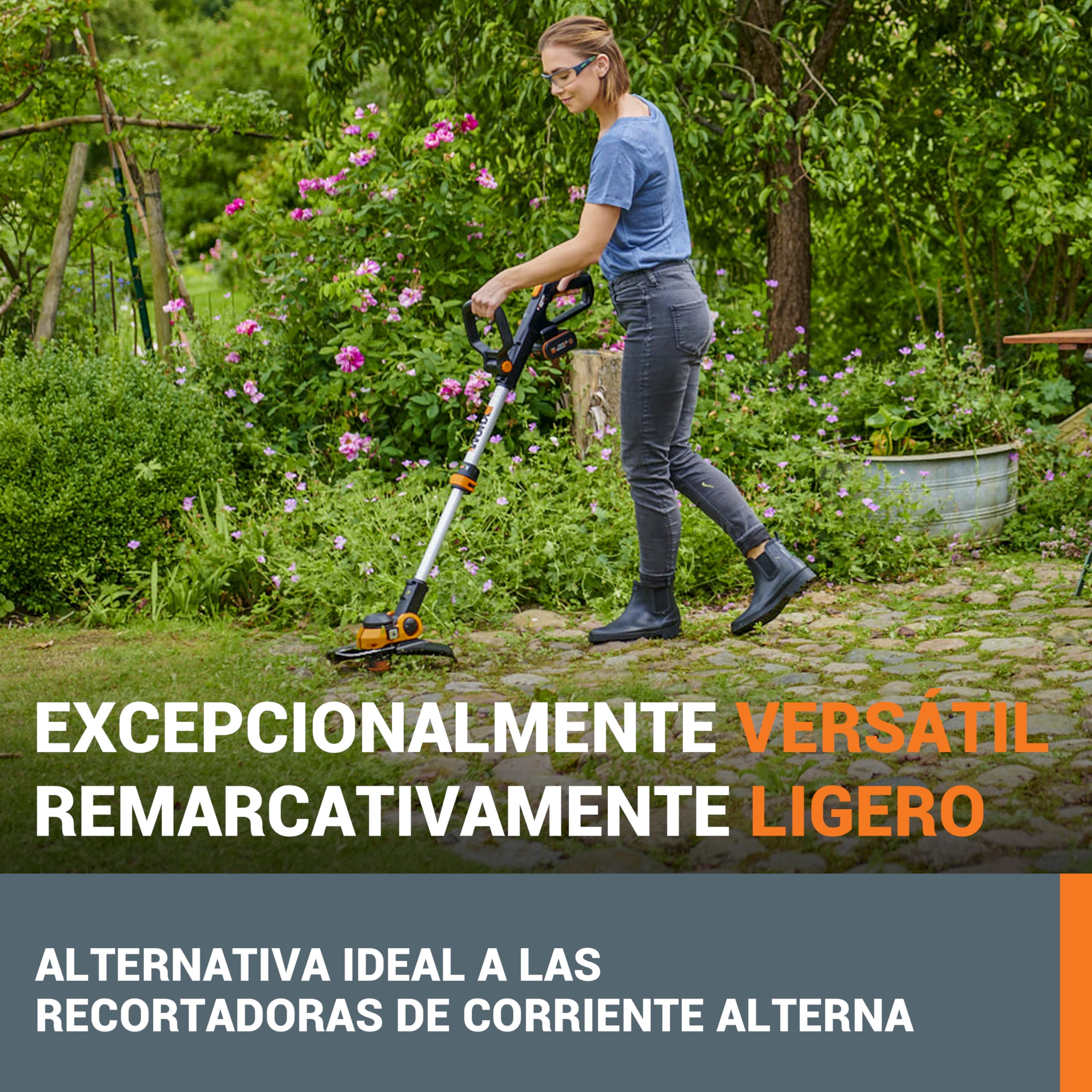 WORX WG163E Desbrozadora y Cortabordes 2 en 1 a Batería 20V 2Ah, Sistema Command Feed Automático, Cabezal Giratorio 90°, para Jardines Medianos