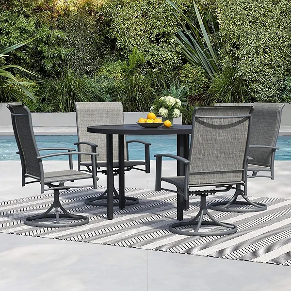 5 Pieces Outdoor Table and Chairs for 4, 42" Black Round Table with 4 Grey Swivel Chairs, Patio Set with Swivel Chair, Garden Tables for Outdoor, Patio Dining Set for Lawn Backyard Poolside
