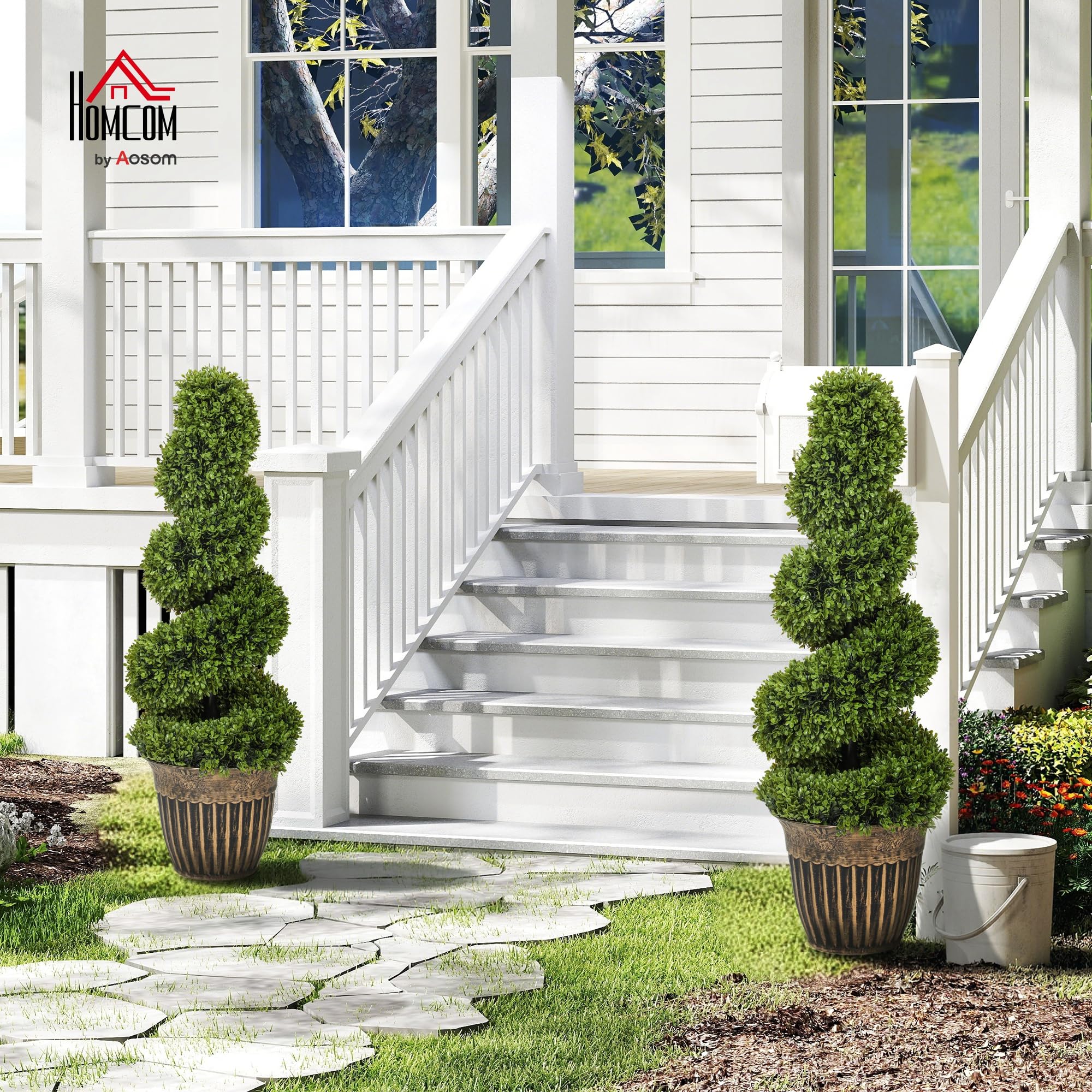 HOMCOM Juego de 2 plantas artificiales decorativas topiarias en espiral de boj en maceta, plantas falsas para decoración del hogar, interiores y exteriores, 90 cm, verde claro