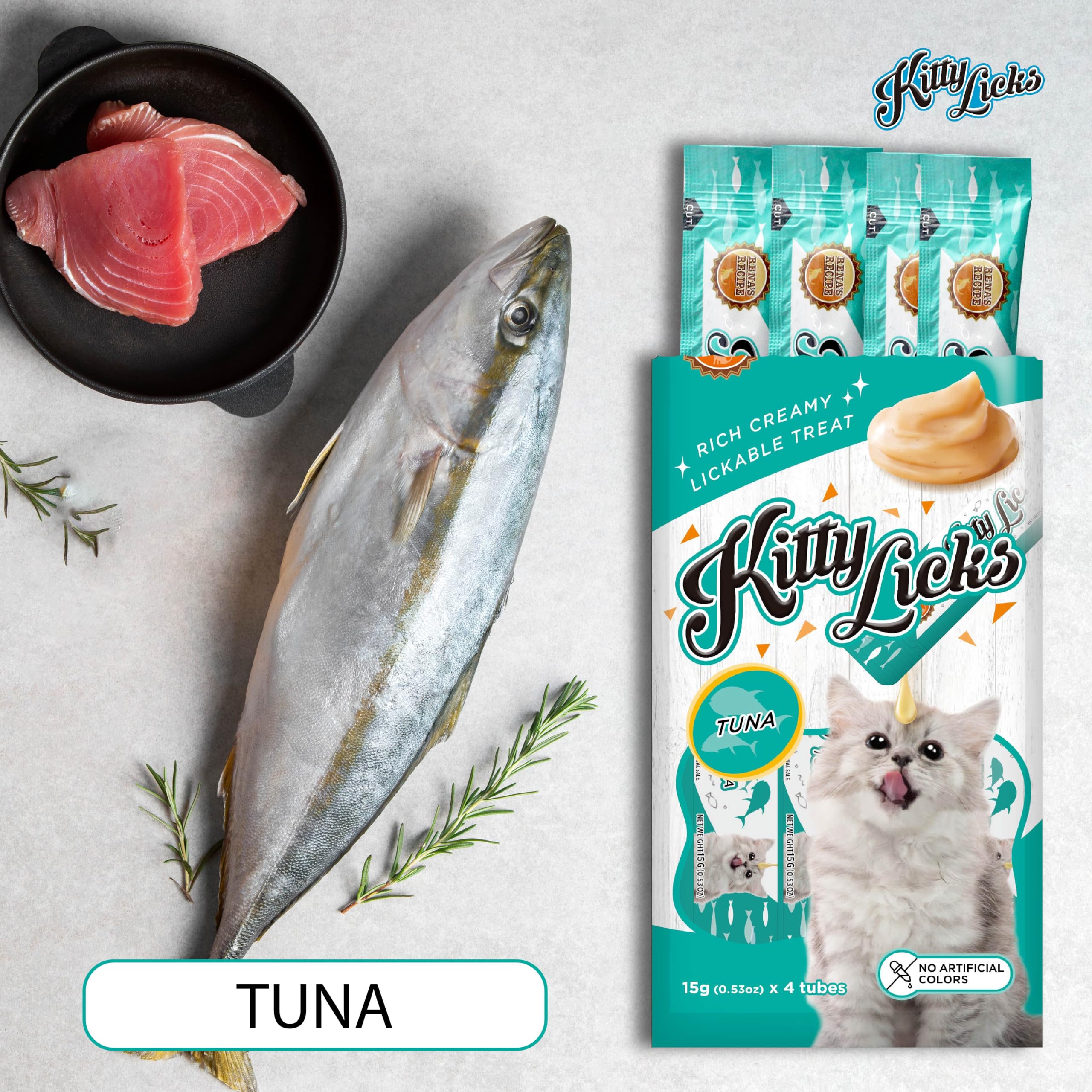 Rena Kitty Licks Cat Treats for Kittens | Creamy Lickable Snack with Omega-6 & Zinc | Smooth Tuna Flavour | Soft Supplementary Food | Pack of 12 Tubes