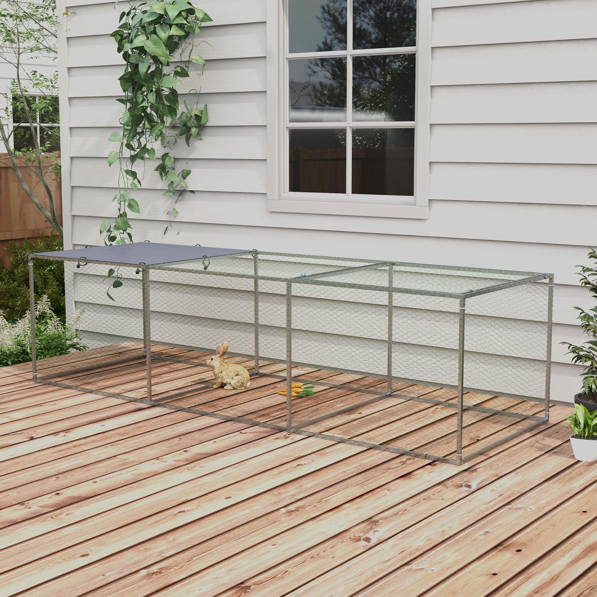 PawHut Recinto gallinero Jaula de conejera exterior 3 m² para pequeños animales, Ponederos gallinas, Jaulas, dim. 3 x 1 x 0,8 m Acero galvanizado, 1 Puerta superior, Espacio cubierto lona