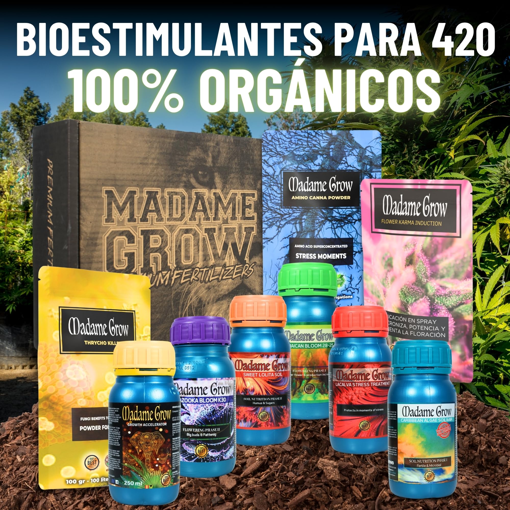 MADAME GROW Fertilizante 420 Plantas Verdes - Fertilizante para plantas verdes - Fertilizante líquido para plantas - Fertilizante universal para el crecimiento(KIT PREMIUM 9 6x250ml +30g + 50g + 100g)