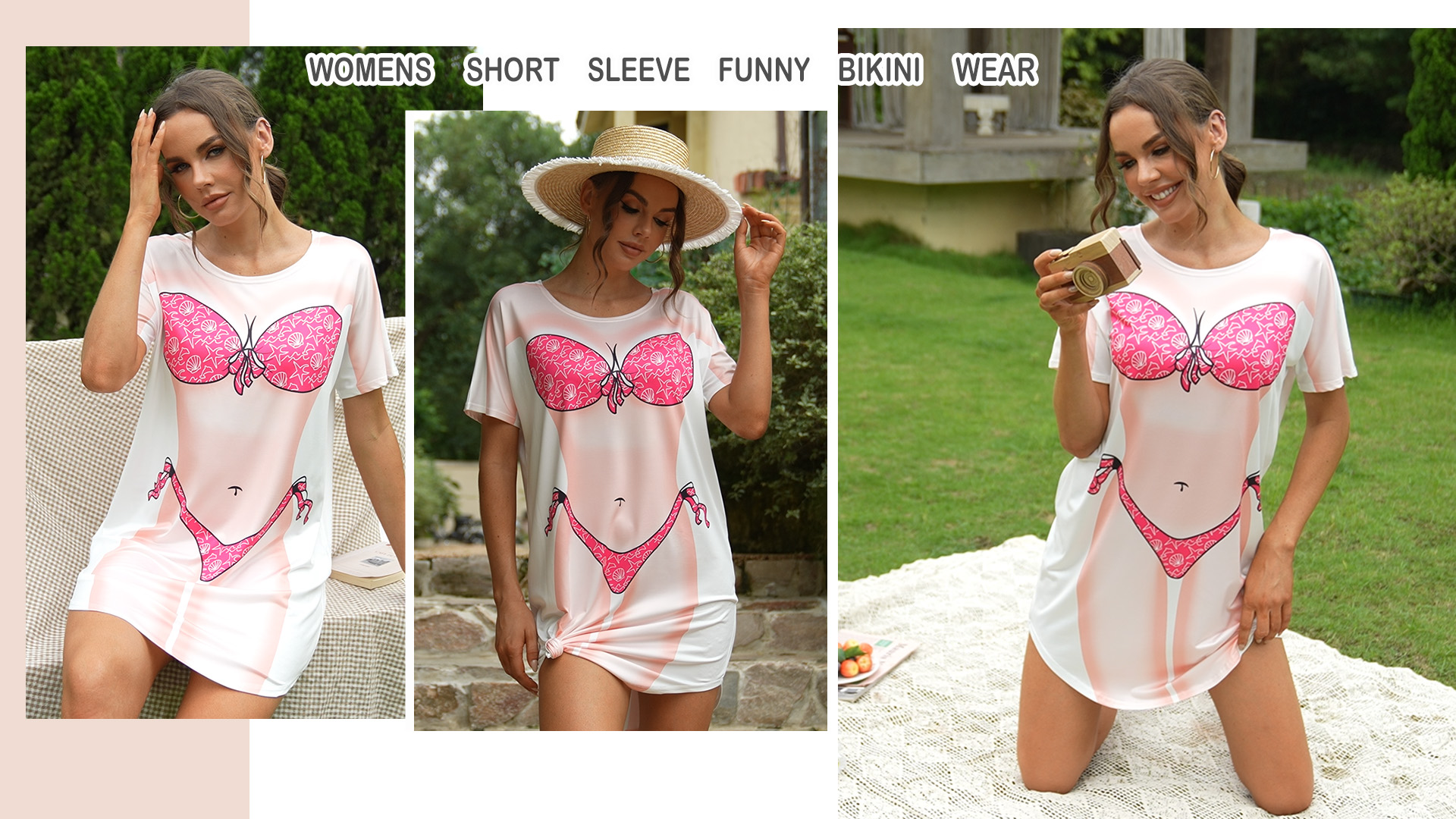 Bellady Women's Fun Wear Hot Pink Bikini Print Cover Up T-Shirt, White, Medium - View #2