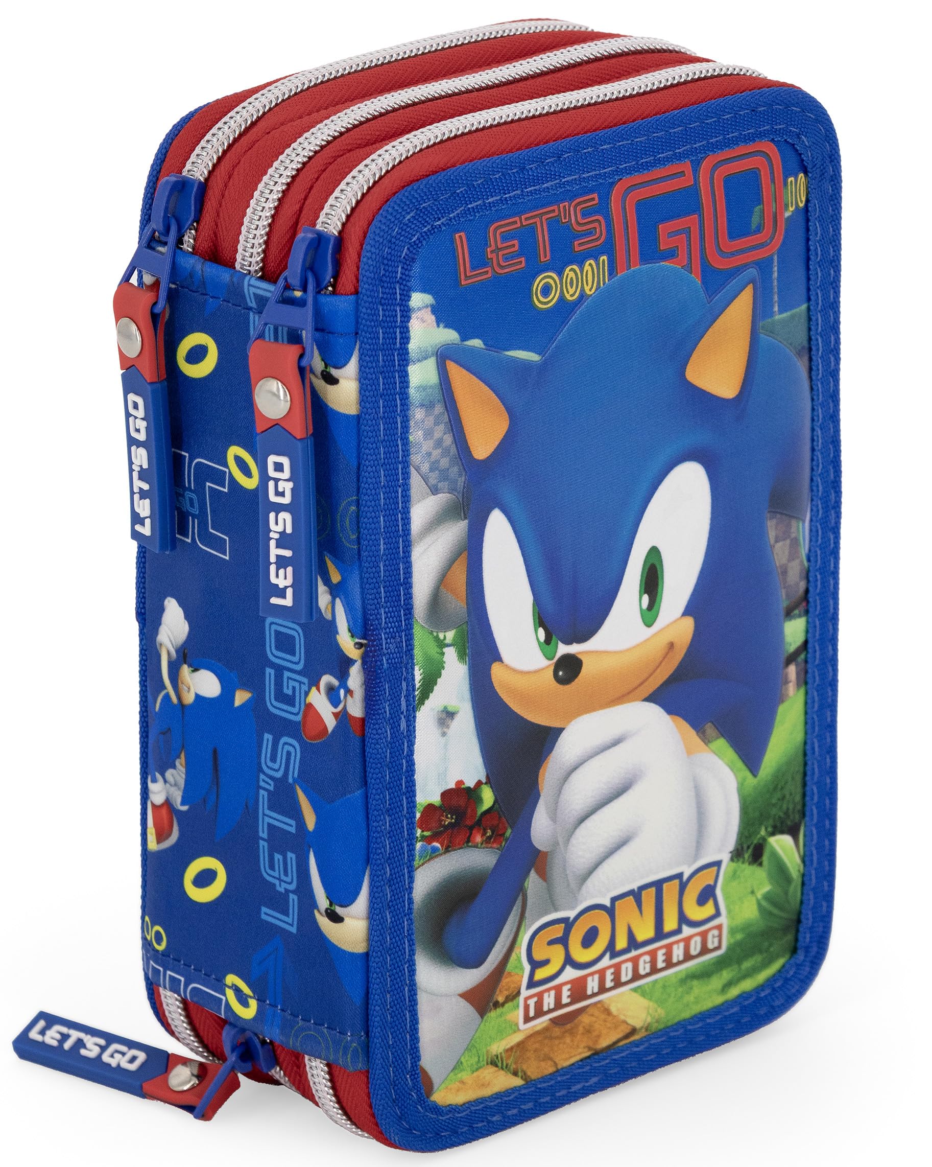 Estuche Escolar 3 Cremalleras Completo Niño - para Sonic Fan - 46 Piezas Material Escolar - Plumier Triple con Bolígrafos Borrables, Rotuladores, Lápices de Colores, 6 a 12 Años