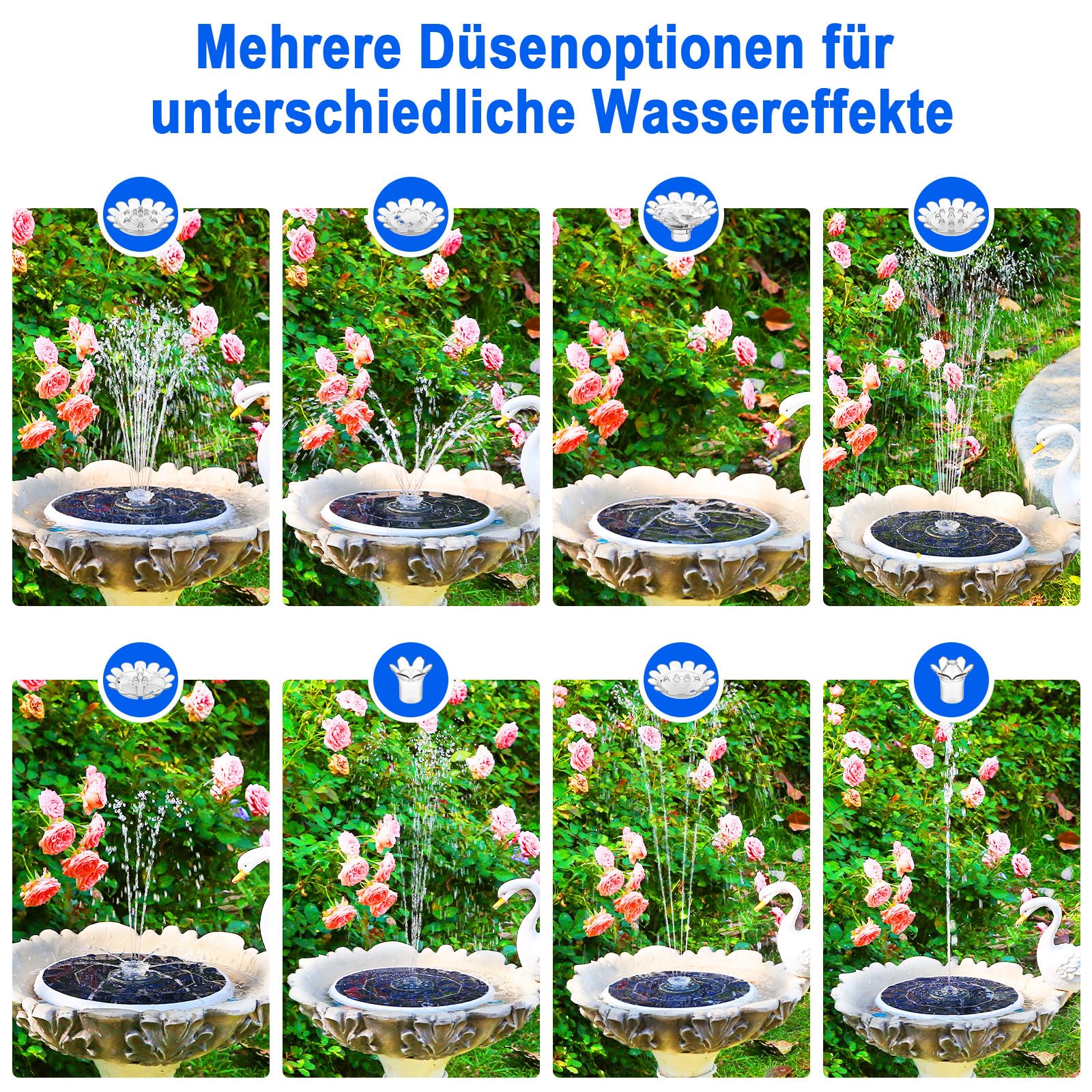 AISITIN 6,5W LED Solarbrunnen für Draussen Verbessert mit 3300mAh Akku, Solar Schwimmender Fontäne Pumpe mit Verschiedene Sprüh Effekten,mit Lichtleiste, Solar Springbrunnen für Außen für Garten,Teich