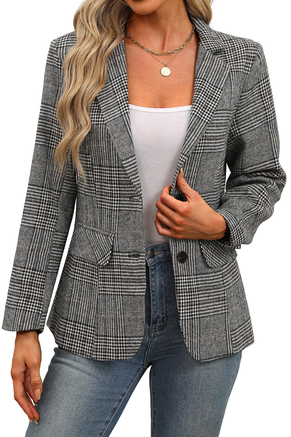 Women's Lapel Collar Plaid 2 Button Boyfriend Blazer Suit Houndstooth Work Office Blazer Jacket