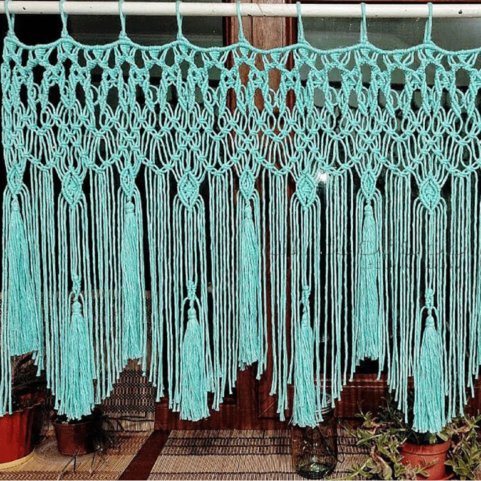 Makramee Wandbehang großer Boho-Webteppich, Art-Baumwollseil-Makramee Vorhang für Schlafzimmer, handgefertigter gewebter Wandteppich, Heimdekoration, 4 Farben,Royal blue-140 x 60 cm