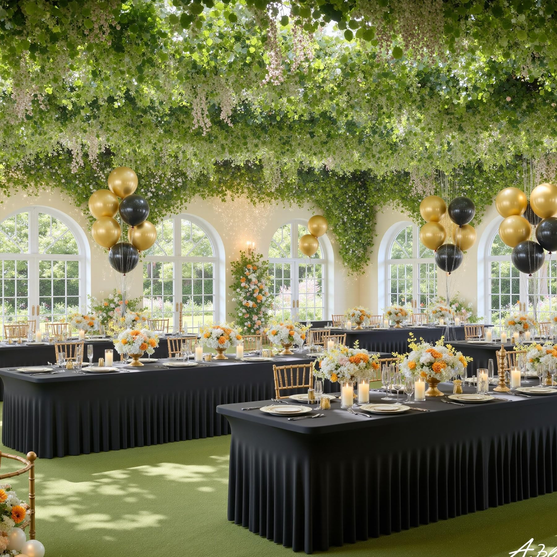 Paquete de 6 manteles de elastano elásticos negros para mesa rectangular de 1,8 m, lavable y sin arrugas, mantel rectangular para fiestas, eventos, bodas, banquetes, [183 x 76 x 74 H] cm