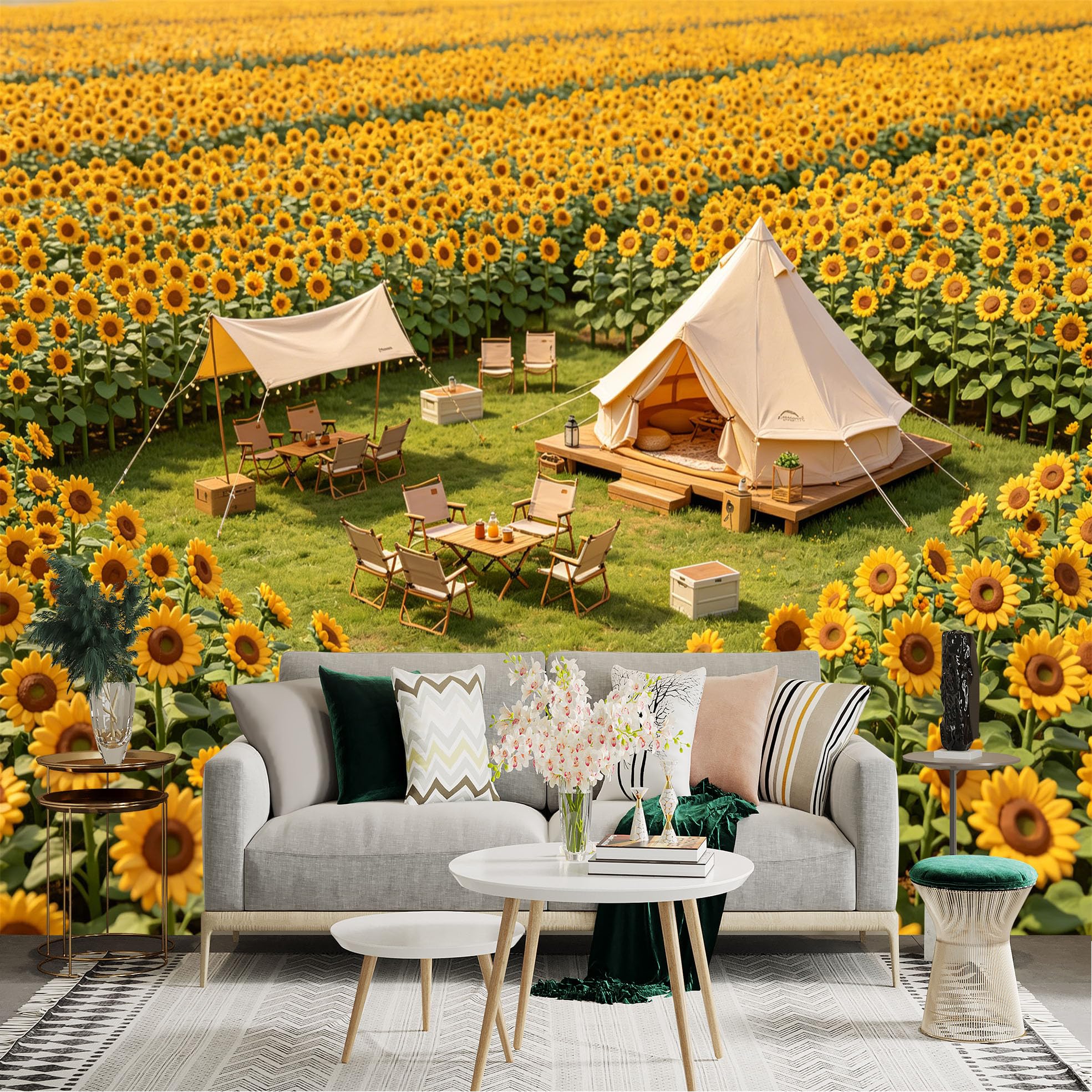 Lnzczhyre Dbh260521732 Custom Size Wall Sticker Mural， Vibrant Sunflower Field， Outdoor Camping Scene， Cozy Bell Tent Setup， Summer Nature Landscape， For Wall Decoration， Peelandstick Wall Decals.