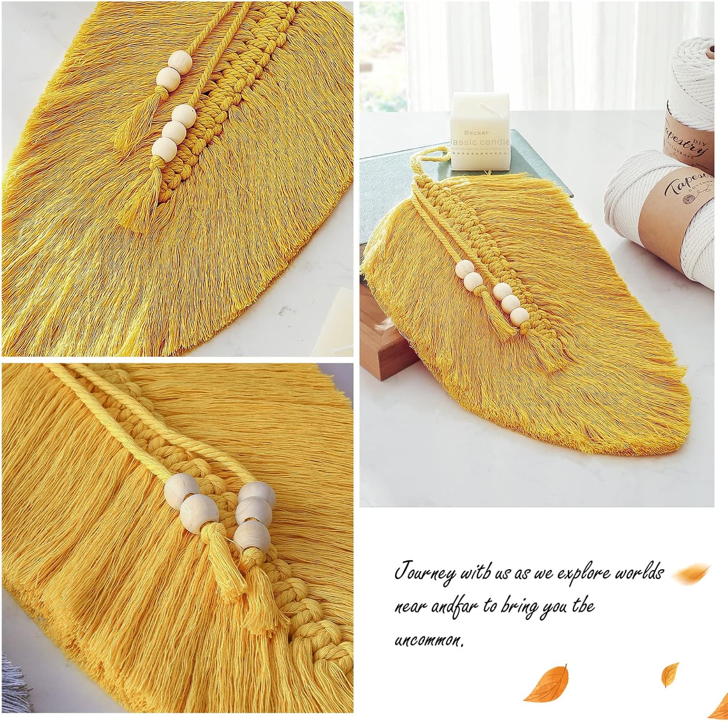 Nice Dream Yellow Macrame Leaf Wall Hanging, Boho Wall Decor Handmade Macrame Wall Hanging with Wood Beads Ornaments for Nursery Bedroom Decoration
