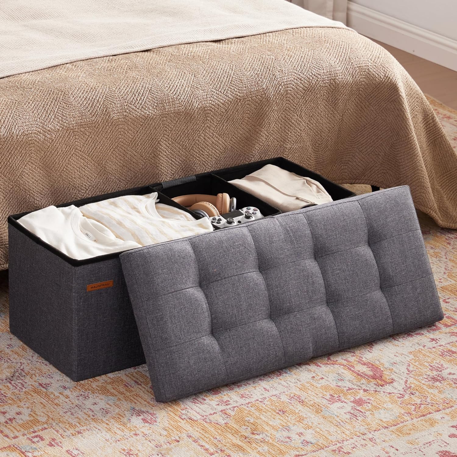 HAUSFRAU 31.5 Inches Ottoman with Storage, Folding Ottoman Bench Small Foot Rest Stool, Bedroom Bench with Flipping Lid, Linen Grey - Image 6